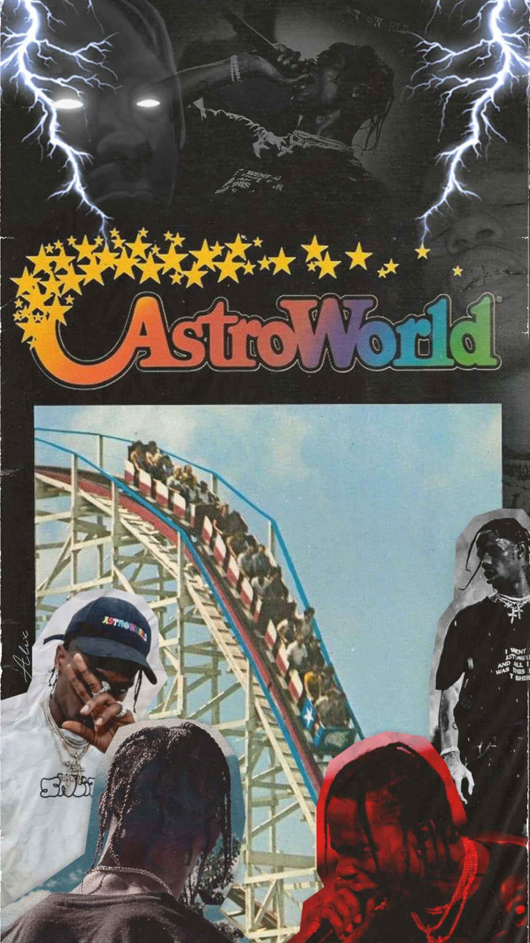 Astroworld 桌布 壁紙 — 為AstroWorld設計的充滿活力的復古海報，以雲霄飛車、閃電和風格化人物為特色，背景為深色。