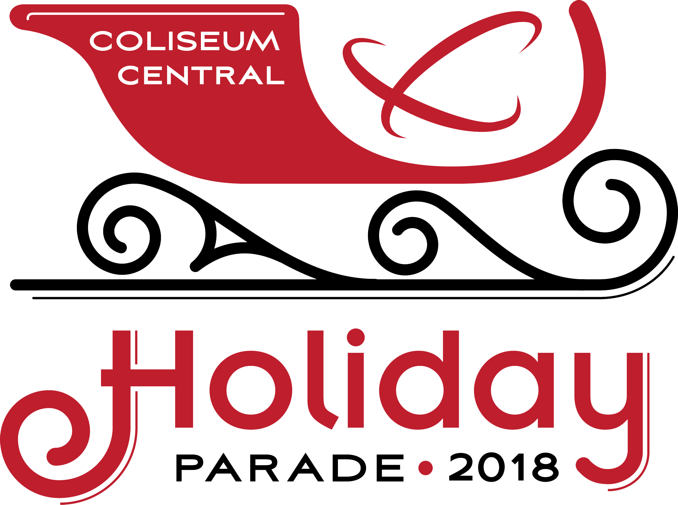 節日 桌布 壁紙 — 為Coliseum Central Holiday Parade設計的大膽圖形標誌，帶有紅色雪橇和旋轉的黑色捲曲花紋，背景為亮藍色。