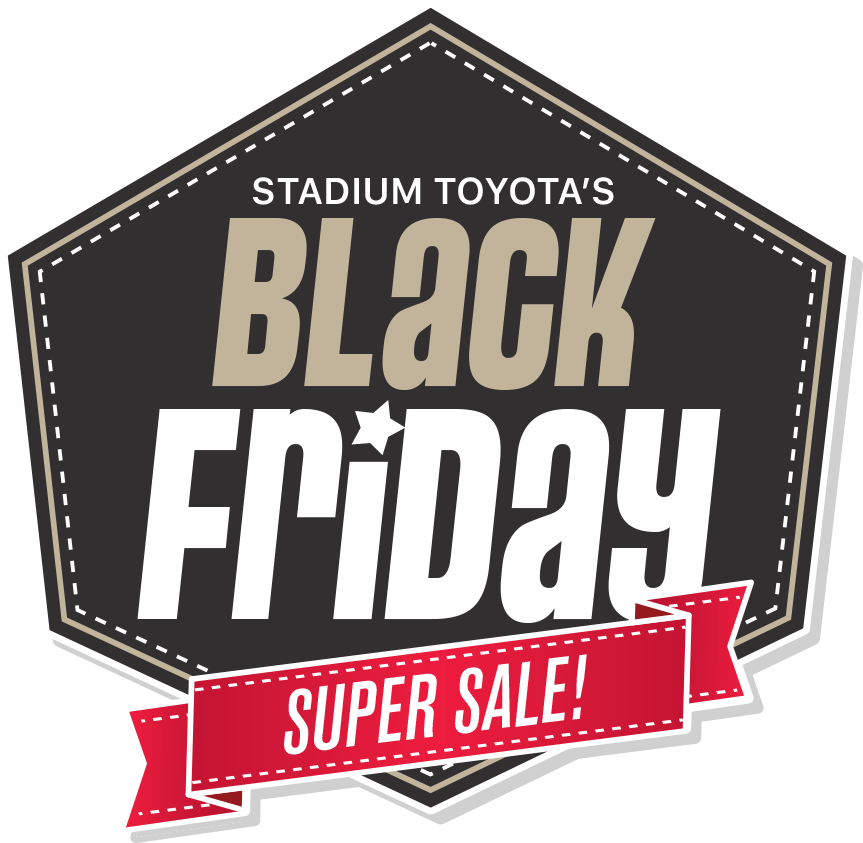 黑色星期五 桌布 壁紙 — 為Stadium Toyota's設計的大膽黑色星期五銷售圖形，採用米色、白色和紅色文字，位於六邊形徽章上，帶有縫合邊框。