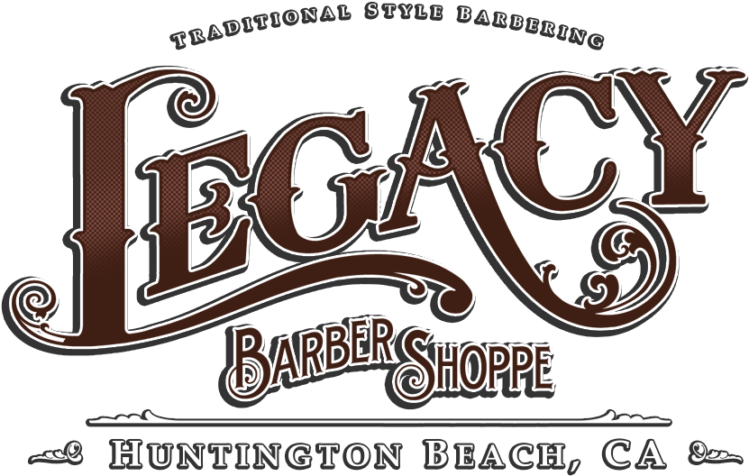 標誌 桌布 壁紙 — 為加州亨廷頓海灘的 Legacy Barber Shoppe 設計的優雅復古風格標誌，黑色背景上帶有華麗的棕色字體。