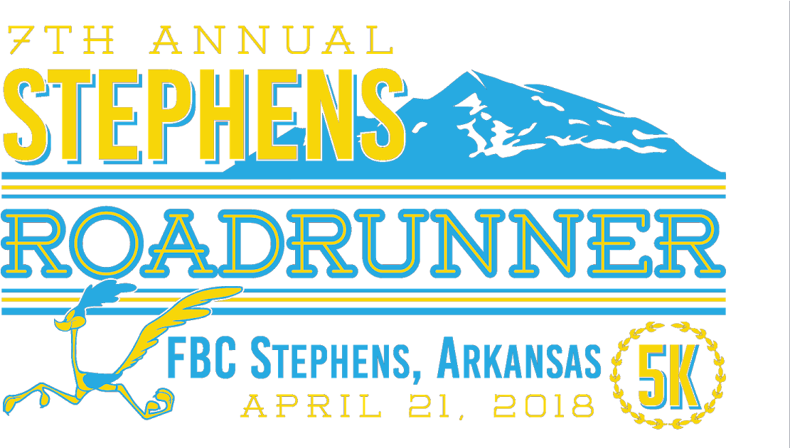 跑步者 桌布 壁紙 — 為第七屆年度 Stephens Roadrunner 5K 賽事設計的大膽黃藍色圖形標誌，特色是奔跑的走鵑和山脈剪影。