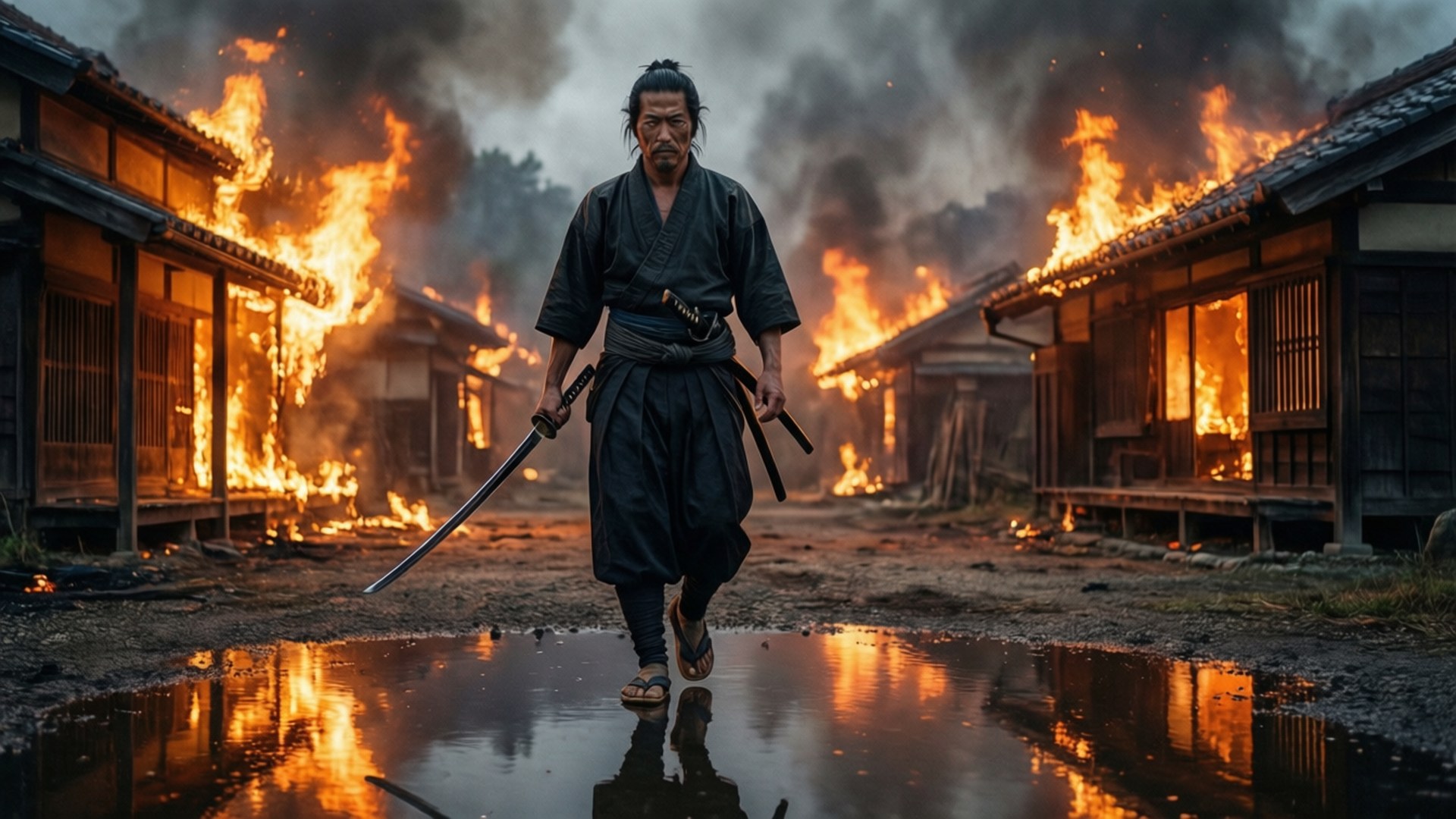 烈焰中的村落 壁紙 — 一名武士在黃昏時分走過燃燒的村莊，他的倒影在水坑中閃爍，火焰吞噬著他身後的木屋。