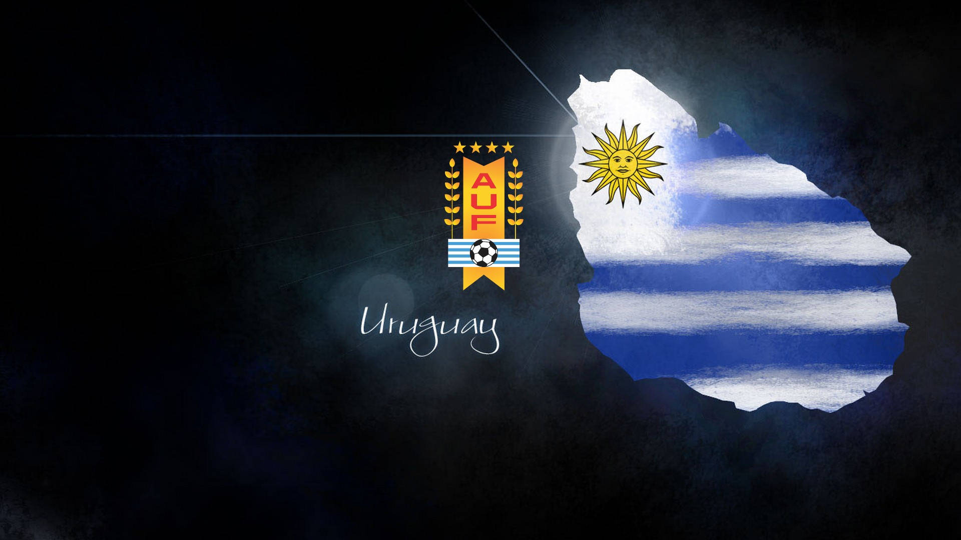 Uruguay 桌布 壁紙 — 烏拉圭國家足球隊徽章穿過黑暗洞穴閃耀，展現帶有太陽和條紋的國旗。