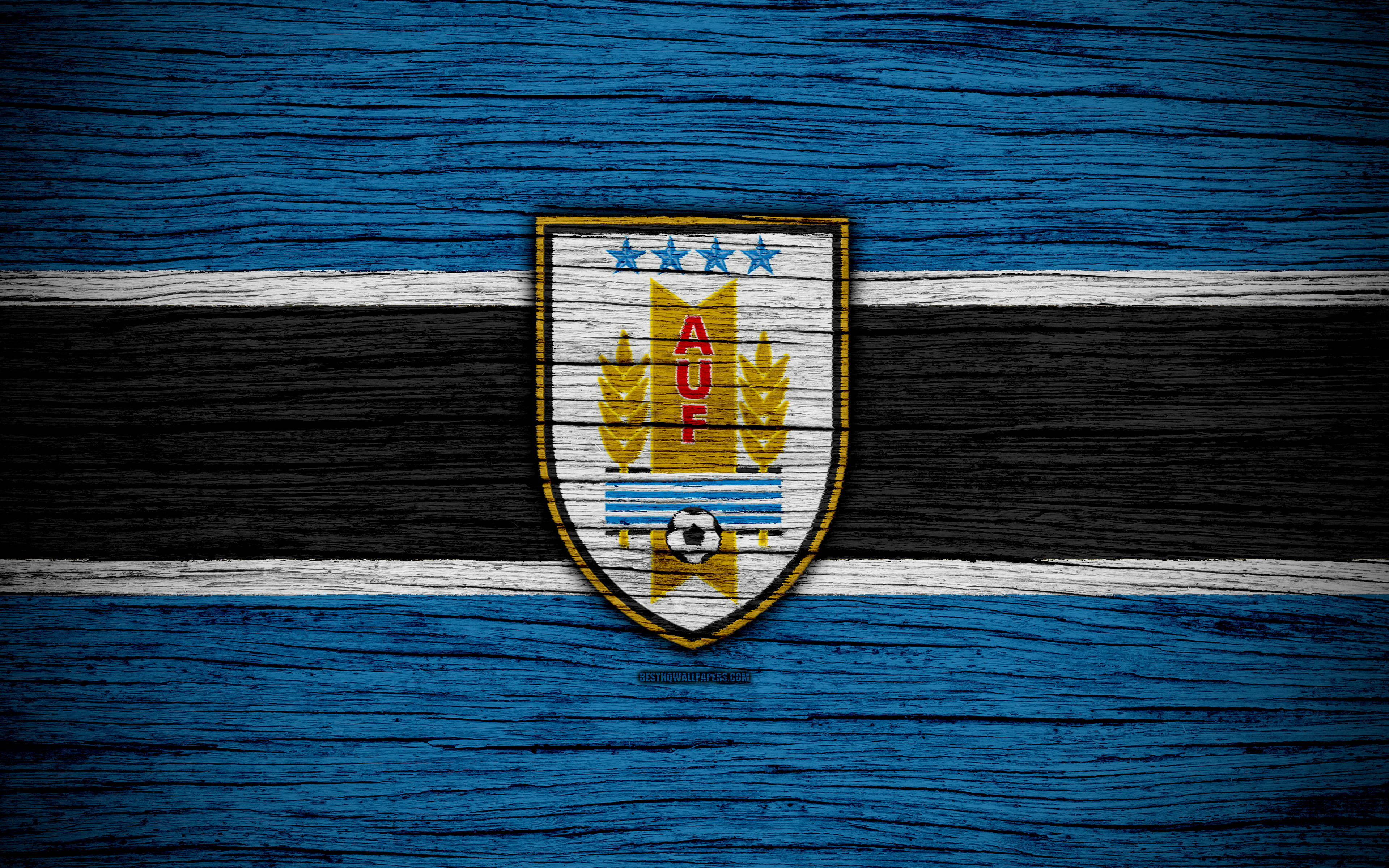Uruguay 桌布 壁紙 — 烏拉圭國家足球隊徽章繪製在風化的藍色、黑色和白色木板上。