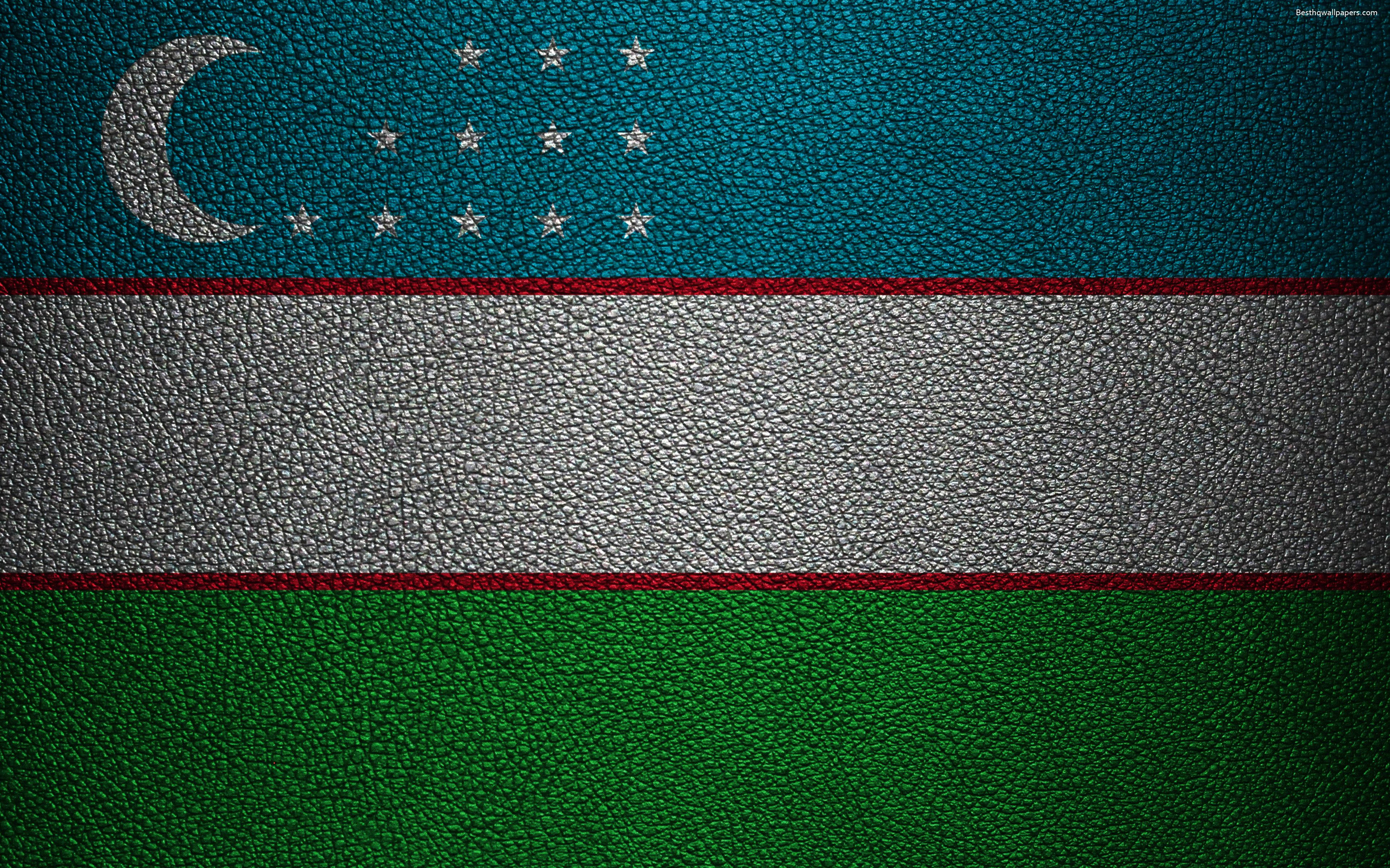 Uzbekistan 桌布 壁紙 — 烏茲別克斯坦國旗以紋理皮革呈現，頂部青綠色條紋上有新月和星星，中間銀色條紋，底部綠色條紋。