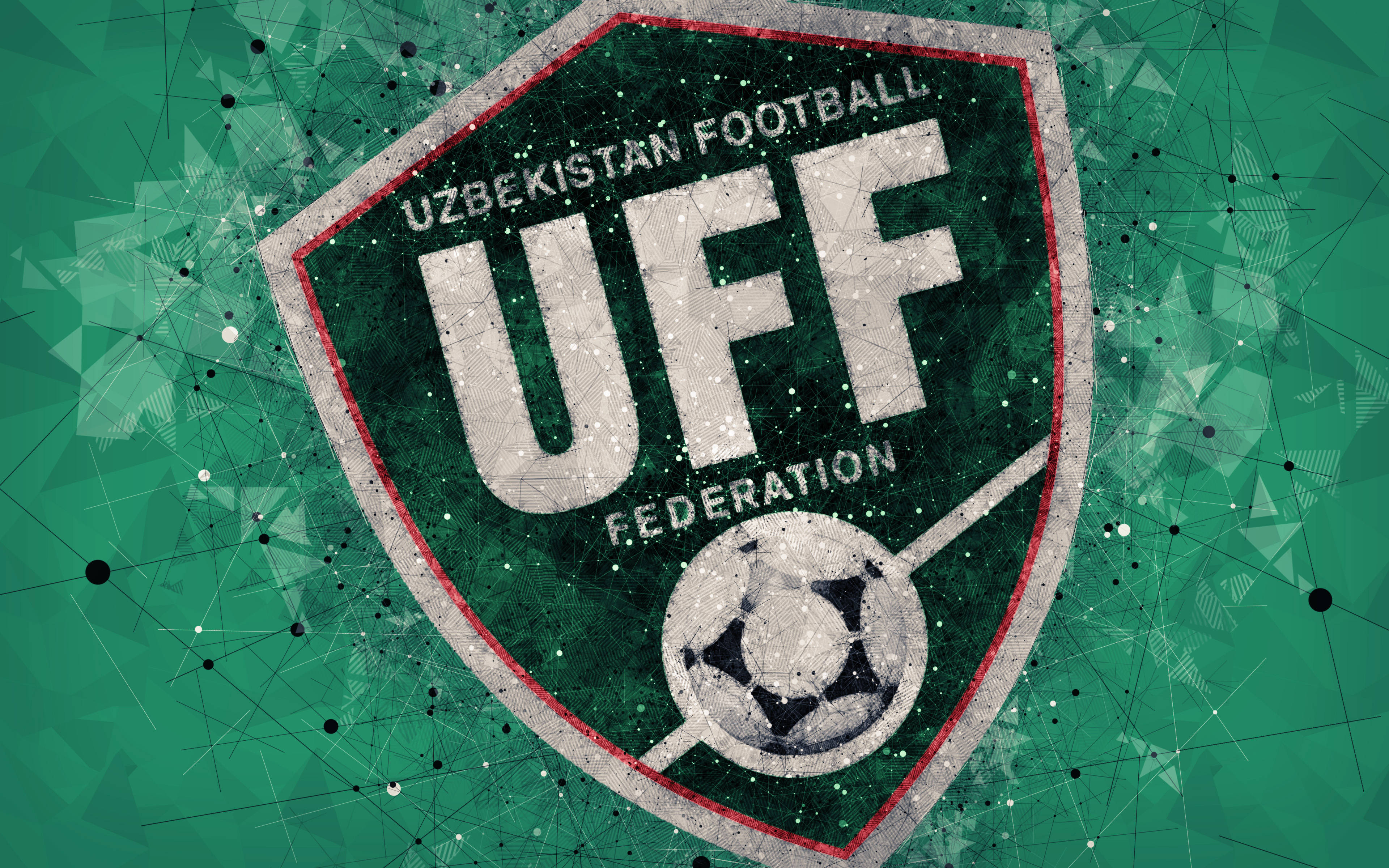 Uzbekistan 桌布 壁紙 — 烏茲別克足球協會的破舊綠色盾牌標誌，帶有足球和幾何網絡背景。