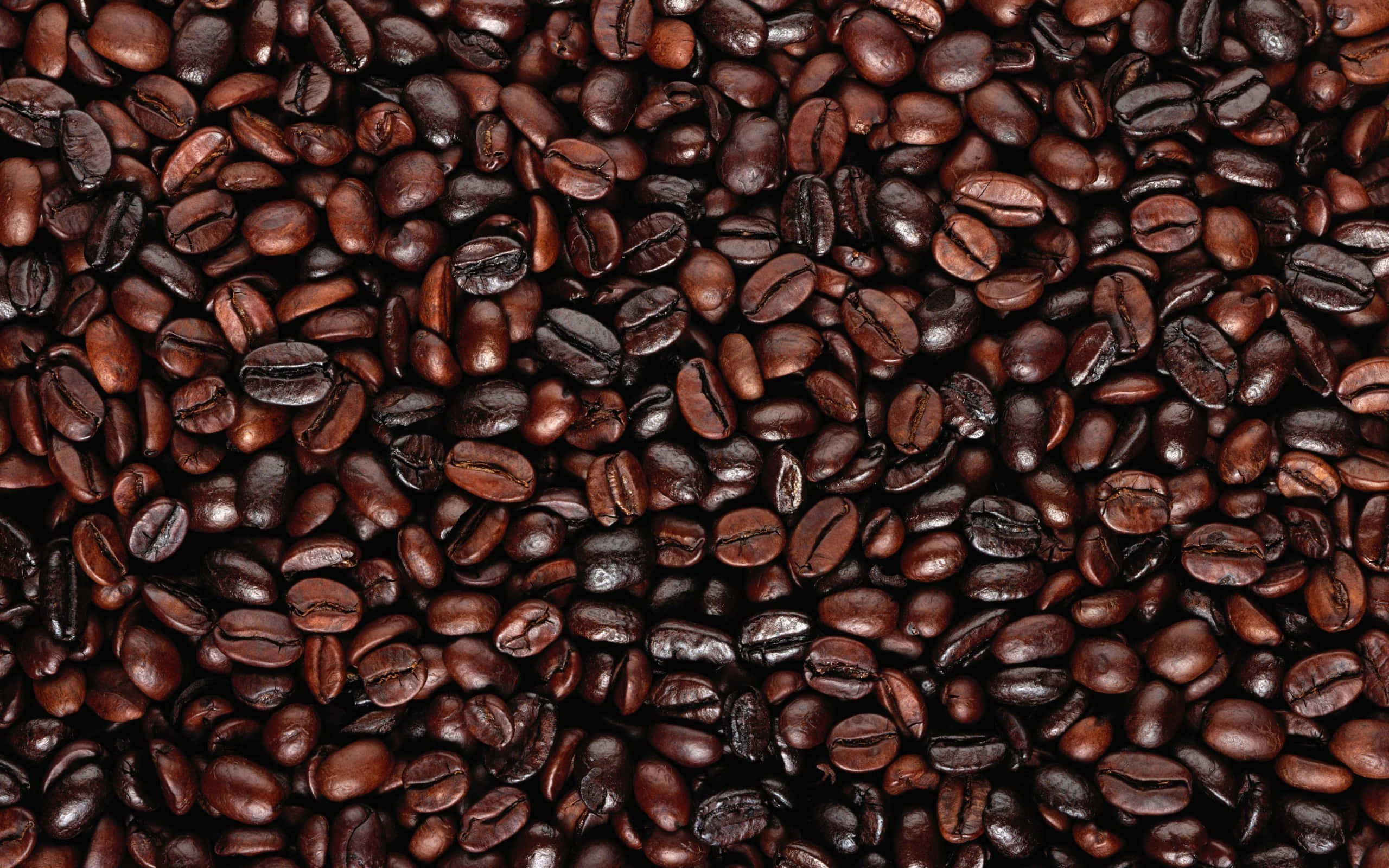 Coffee Beans 桌布 壁紙 — 烘焙咖啡豆的特寫，豐富的棕色色調和光澤質感充滿畫面。