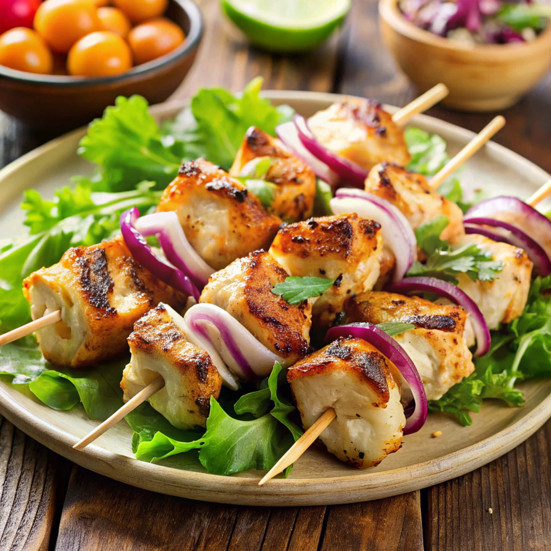 Chicken skewers with onions 壁紙 — 烤雞肉串配上紅洋蔥和香菜，放在木盤上的生菜上。