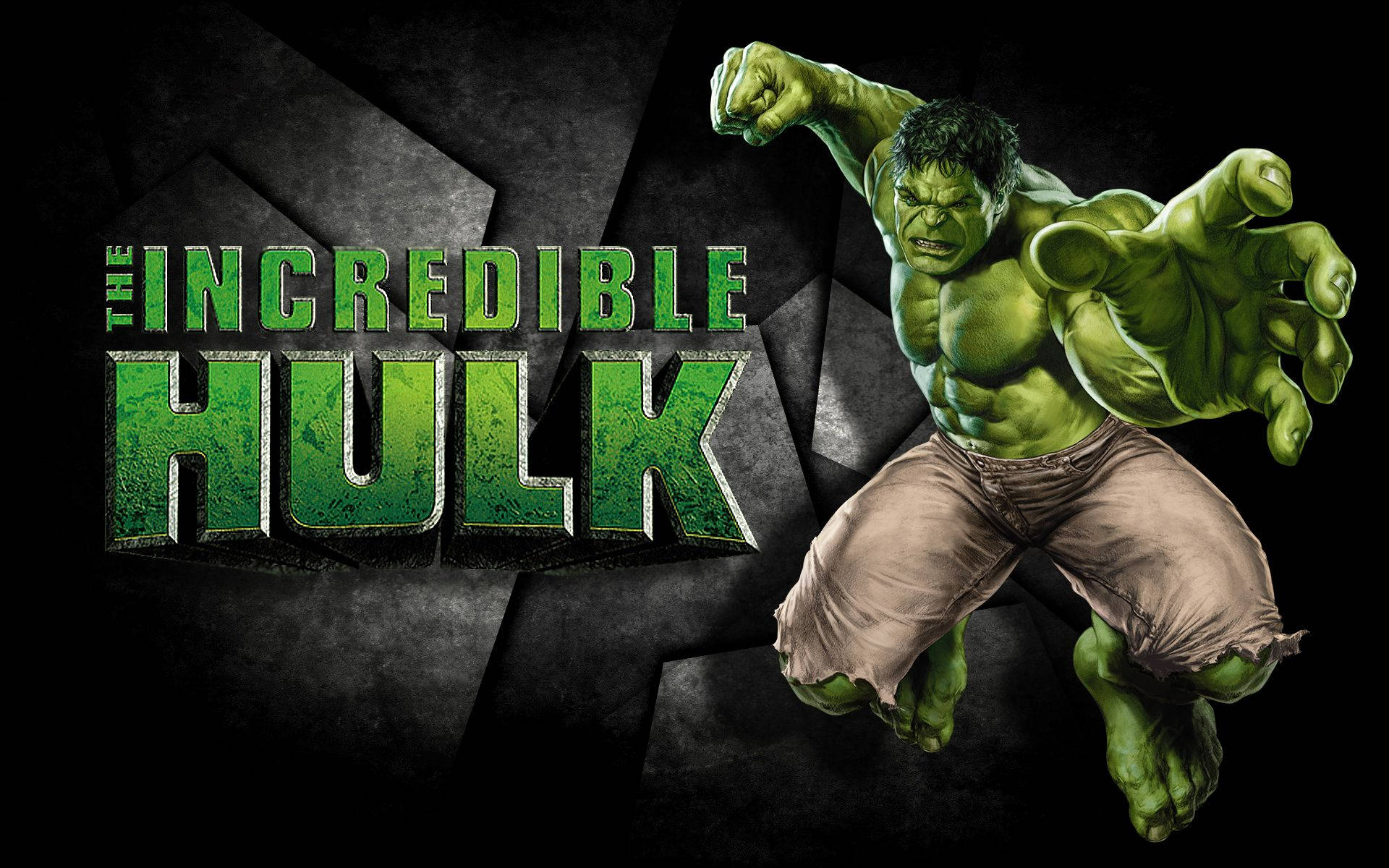 Hulk Smash 桌布 壁紙 — 無敵浩克握緊拳頭向前躍起，背景為深色幾何圖案，並有粗體綠色標題文字。