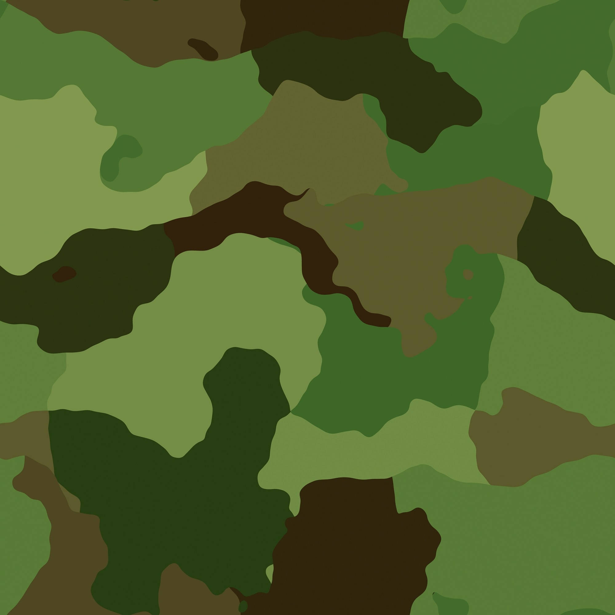 軍事動圖 桌布 壁紙 — 無縫軍事迷彩圖案，帶有不規則的綠色、棕色和深色斑塊，用於融入森林環境。