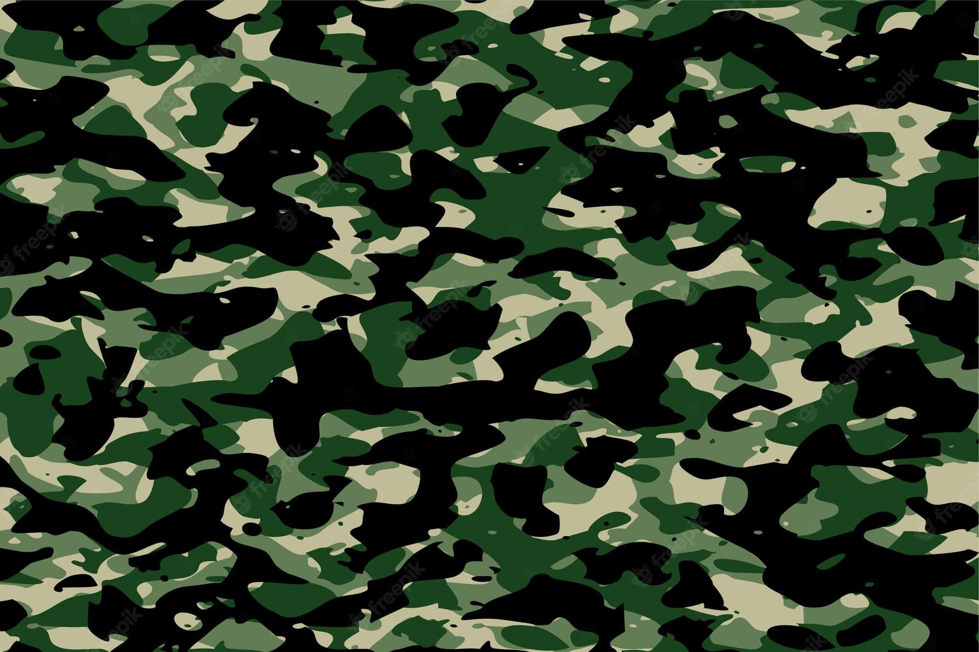 Green Camo 桌布 壁紙 — 無縫軍事迷彩圖案，帶有醒目的綠色、黑色和米色斑點，用於隱蔽。