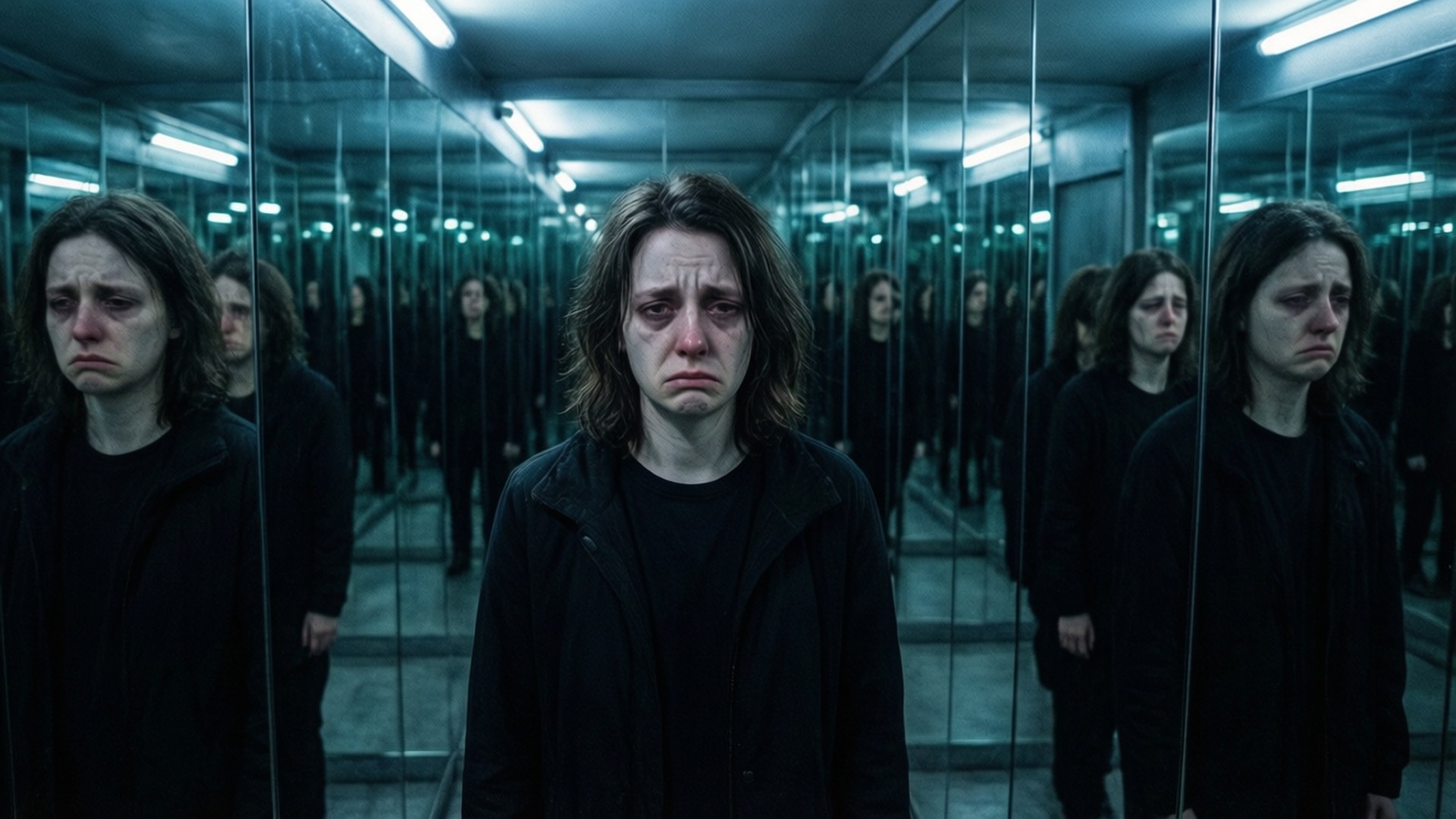 無限倒影 壁紙 — 一個淚流滿面的女人站在一條令人毛骨悚然的鏡子走廊中，鏡子在螢光燈下反射出她悲傷的表情。