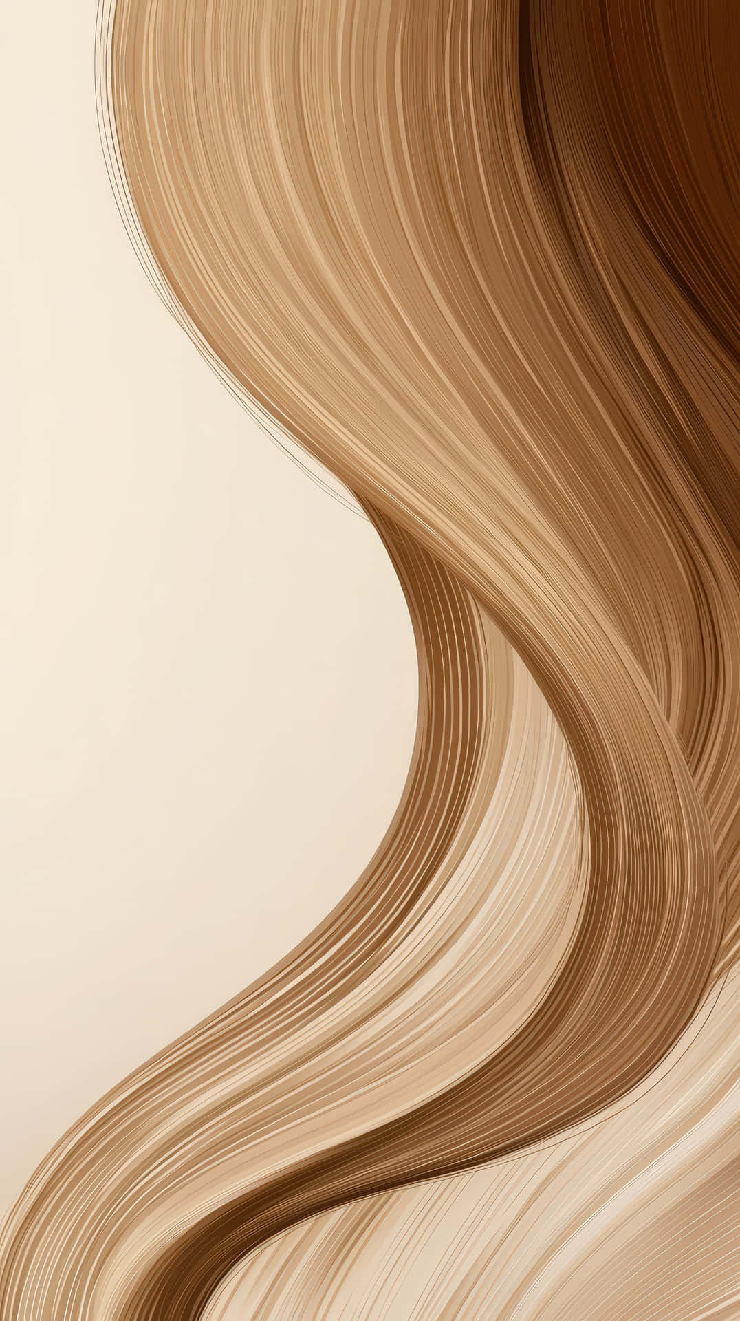 Abstract flowing curves in warm brown tones with smooth gradients 壁紙 — 焦糖和米色調的優雅流動波浪對角線地傾瀉在柔軟的奶油色背景上。