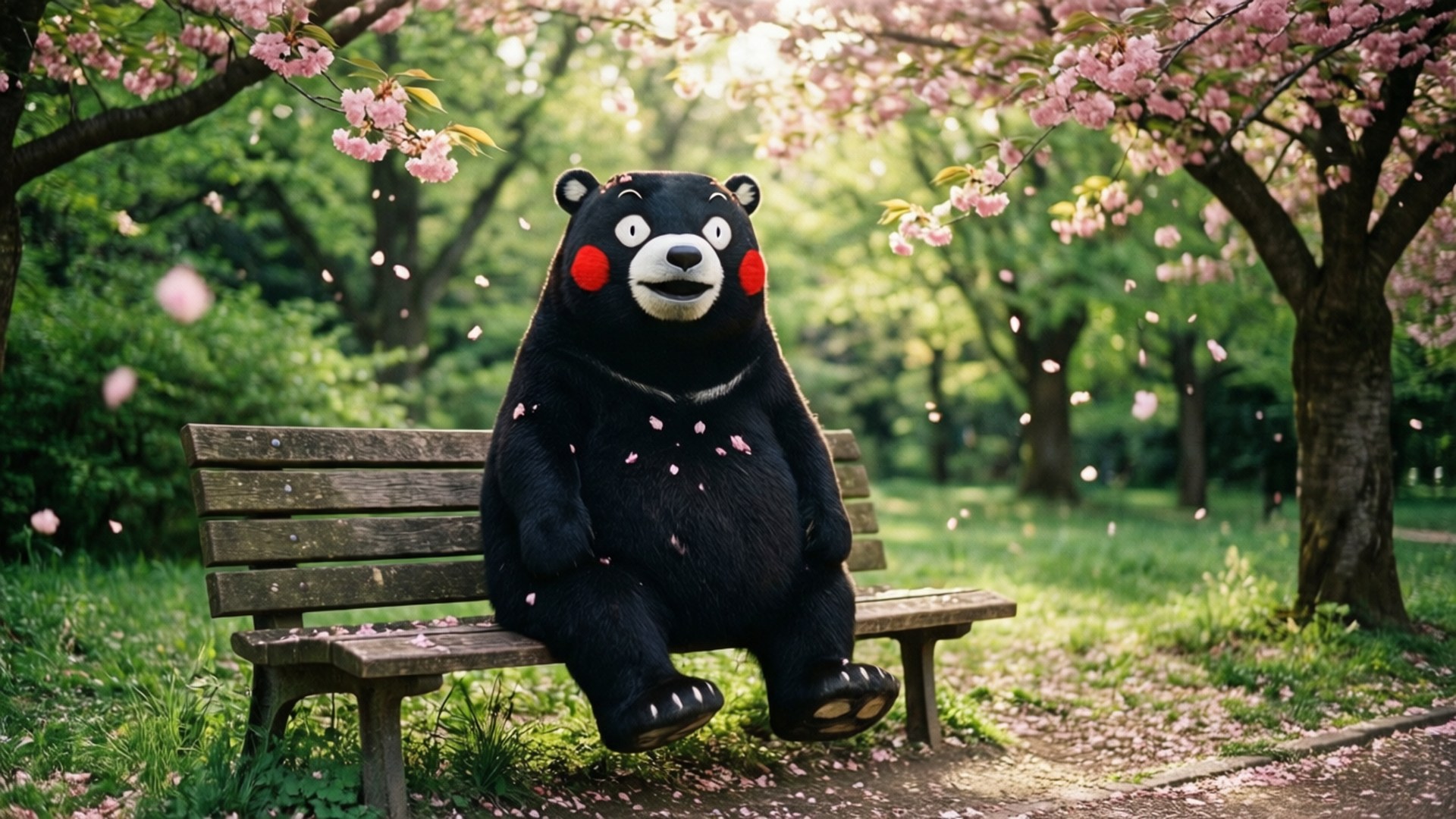 熊本熊櫻花 壁紙 — 一隻臉頰紅潤的開心黑熊坐在木長椅上，周圍是盛開的櫻花樹，花瓣在陽光中飄舞。