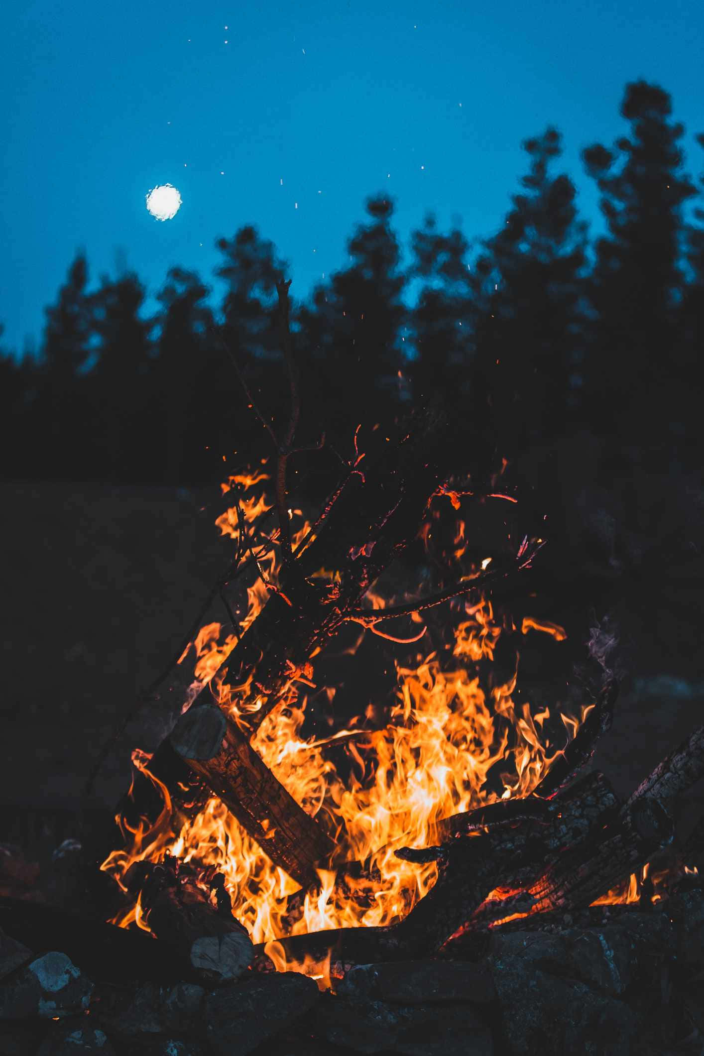 Fall Bonfire 桌布 壁紙 — 熊熊營火在深藍色夜空、明亮月亮和剪影樹木的映襯下溫暖地發光。