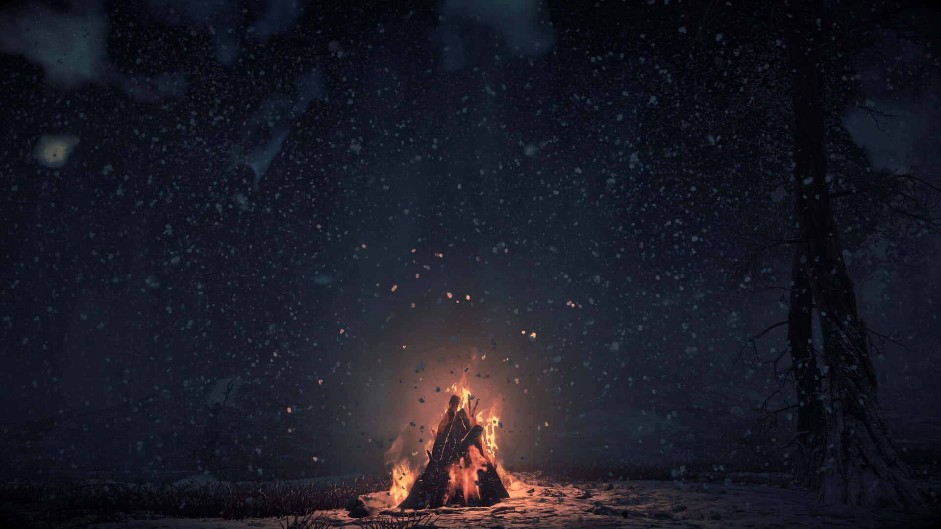 Camping 桌布 壁紙 — 熊熊營火在雪夜天空下溫暖地發光，伴隨著飄落的雪花和黑暗中的光禿樹木。