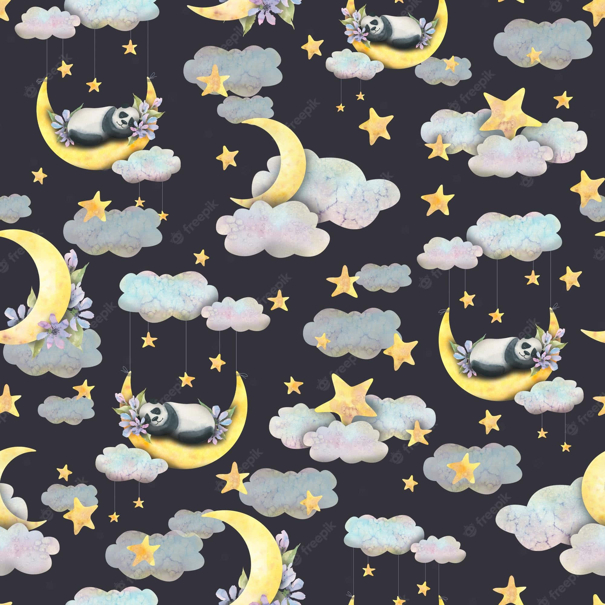 桌布 壁紙 — 熊貓在夢幻夜空中被粉彩雲朵和金色星星環繞的彎月上安然入睡。