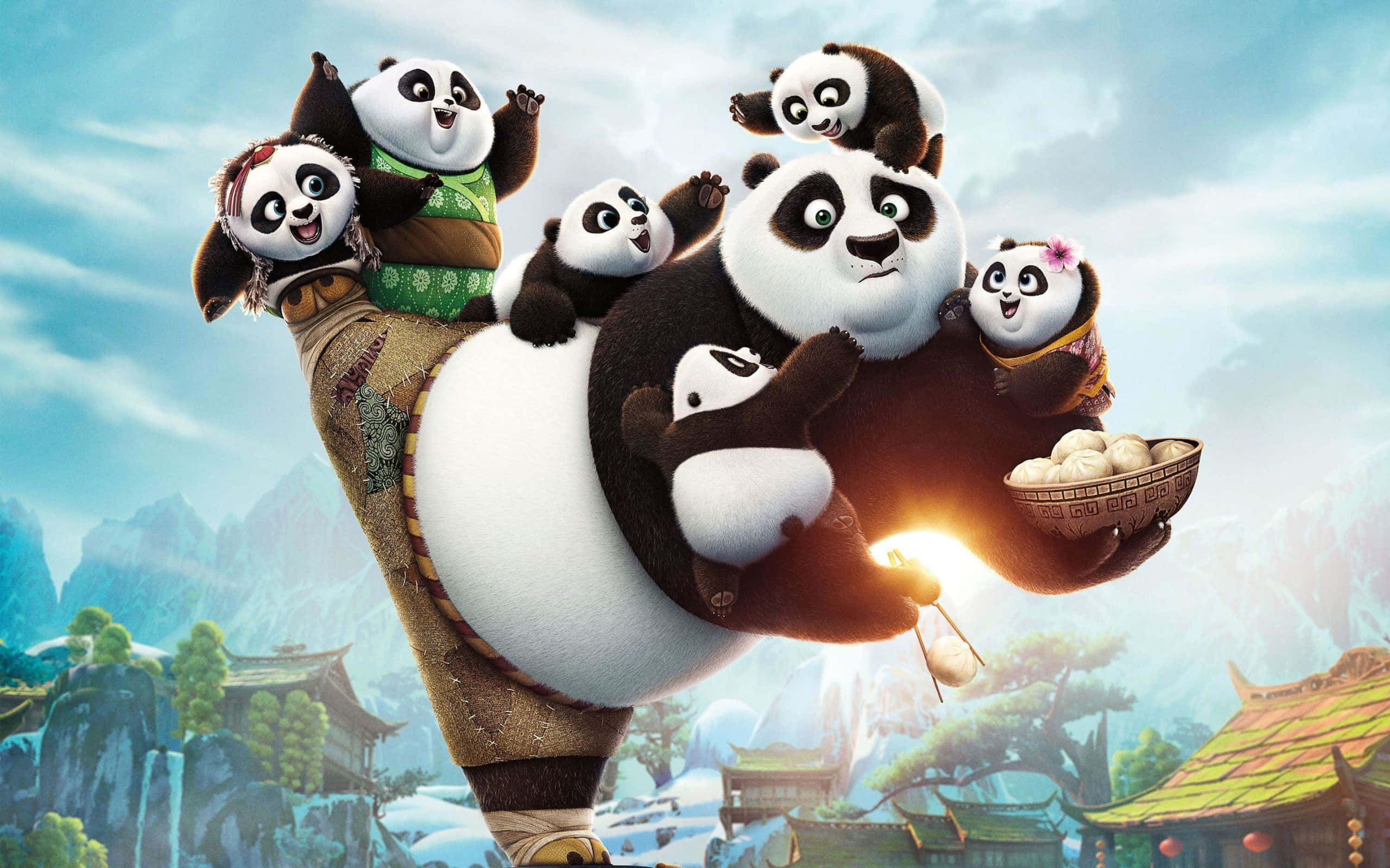 熊貓 桌布 壁紙 — 熊貓阿寶愉快地帶著他的七隻頑皮幼崽穿過白雪覆蓋的山村，天空晴朗。