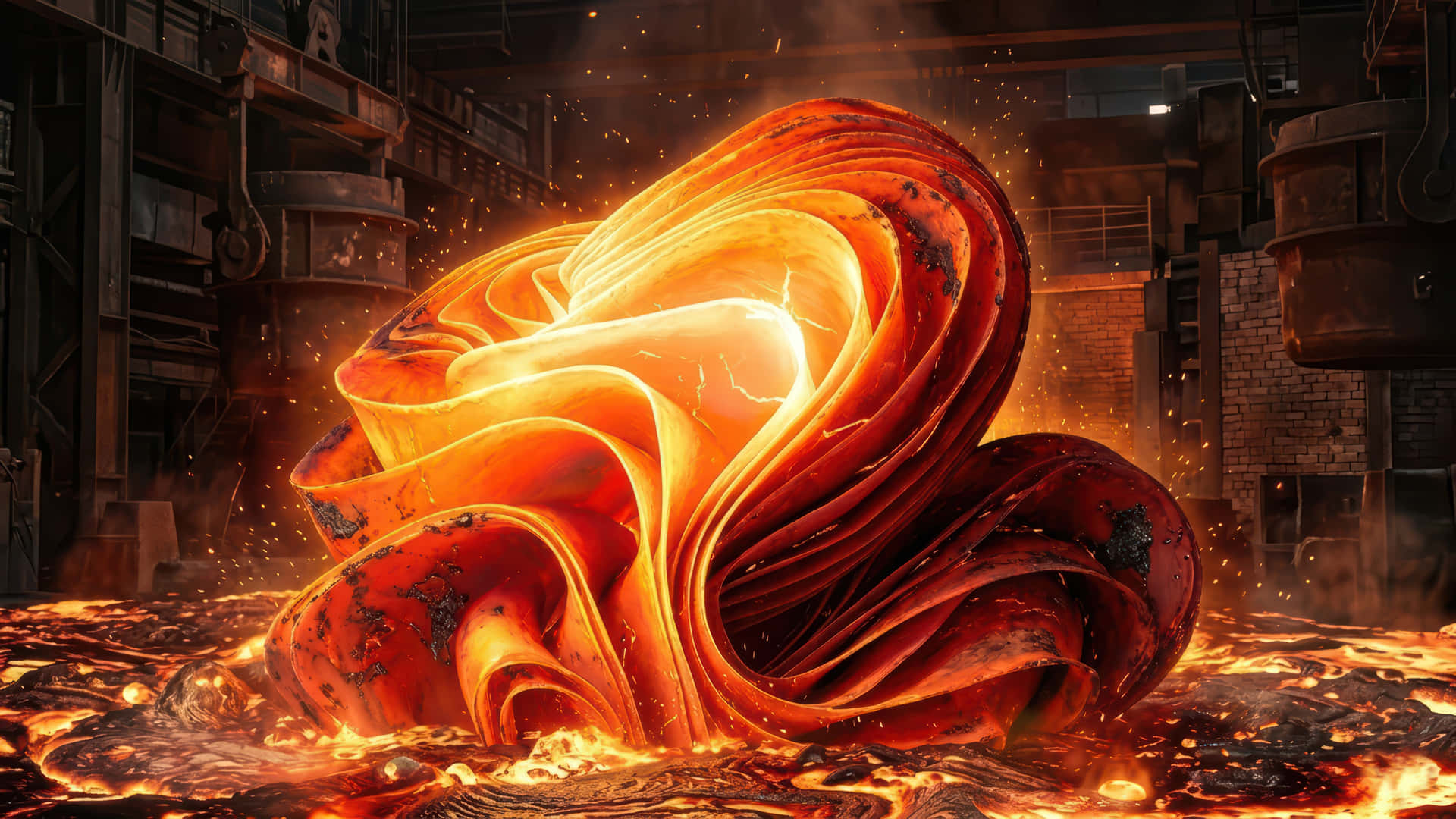 Hot Bloom on the foundry modded wallpaper for desktop Enhancement 壁紙 — 熔化的橙色和紅色岩漿形成旋轉漩渦，在工業鋼鐵廠環境中戲劇性地噴發。