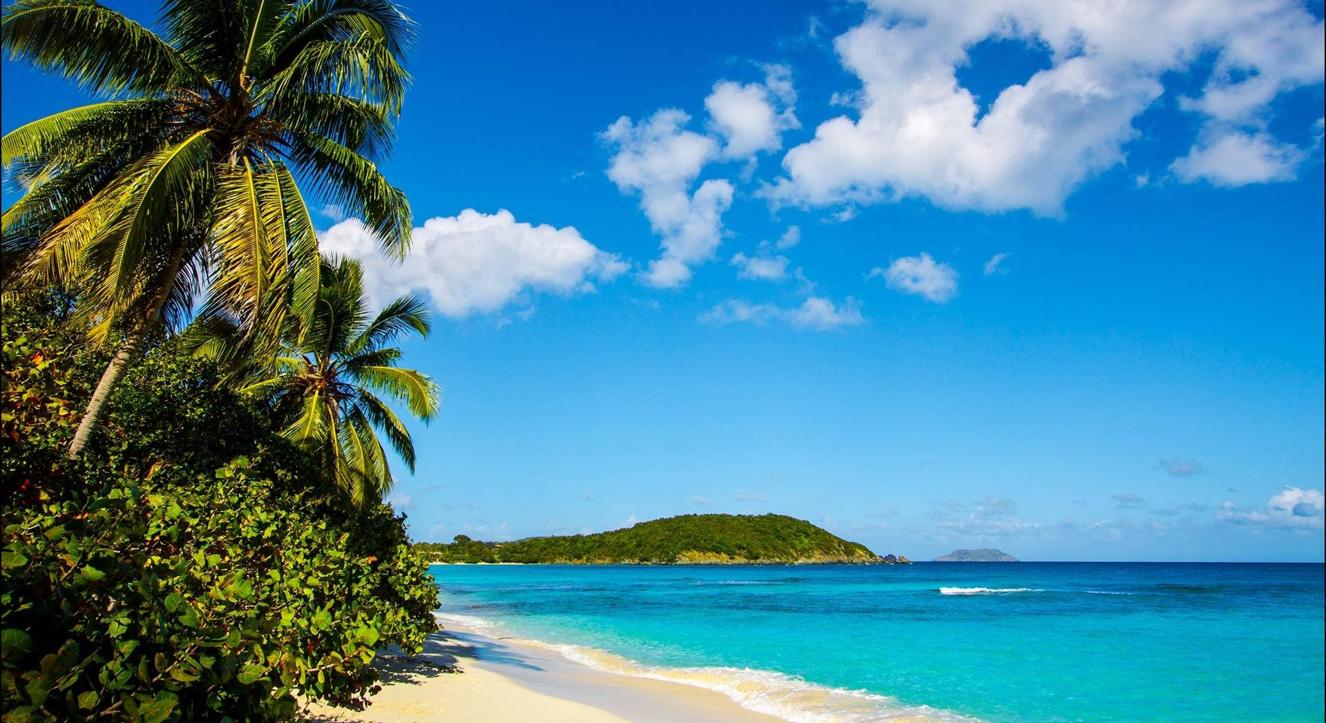 Marshall Island 桌布 壁紙 — 熱帶天堂，擁有碧綠海水、白色沙灘和棕櫚樹，在藍天白雲下搖曳。