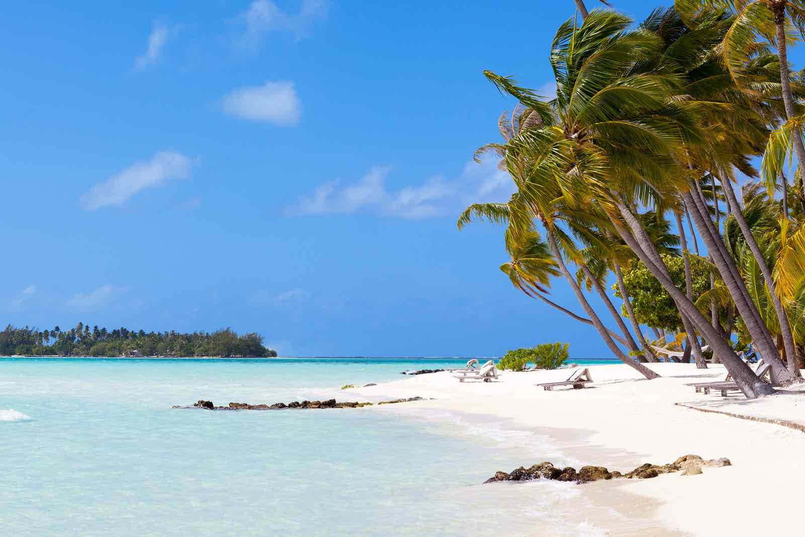 Bora Bora Beach 桌布 壁紙 — 熱帶天堂，白色沙灘、碧綠海水，在明亮藍天下搖曳的棕櫚樹。