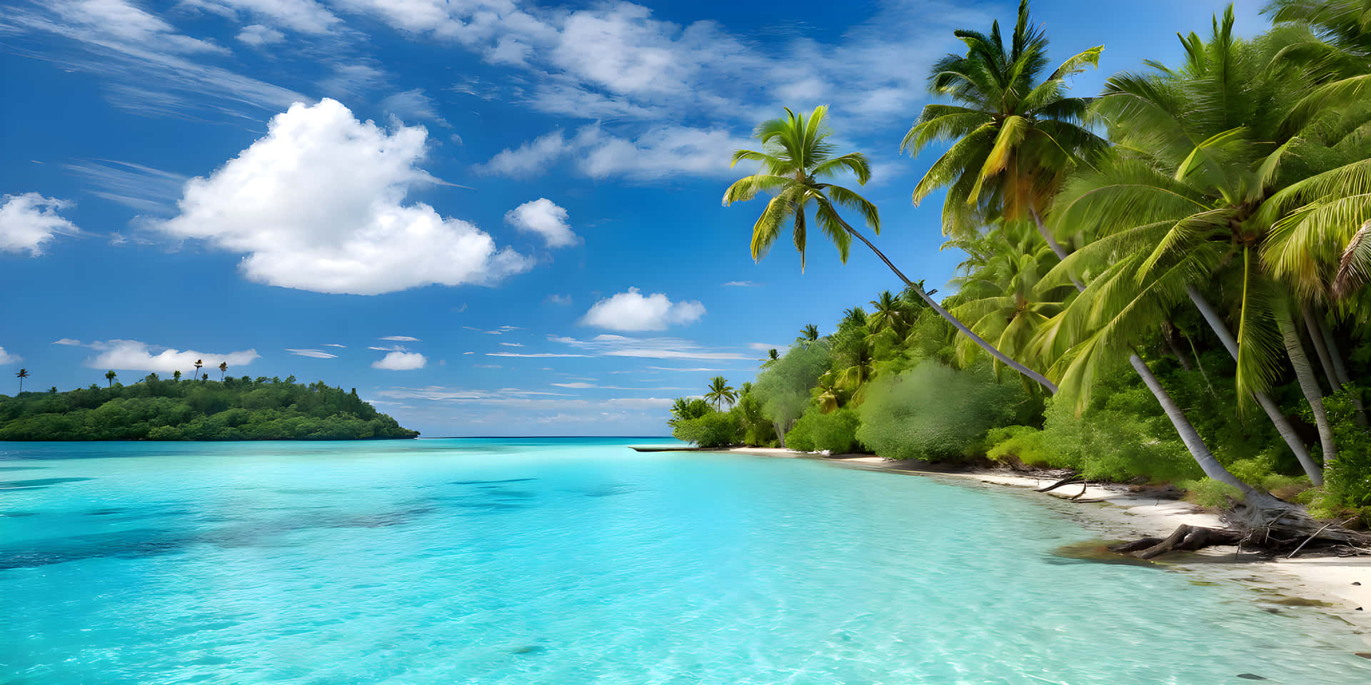 Sea beach and palm trees 壁紙 — 熱帶天堂，碧綠海水、白色沙灘和茂密的棕櫚樹，在明亮的藍天下飄著蓬鬆的白雲。