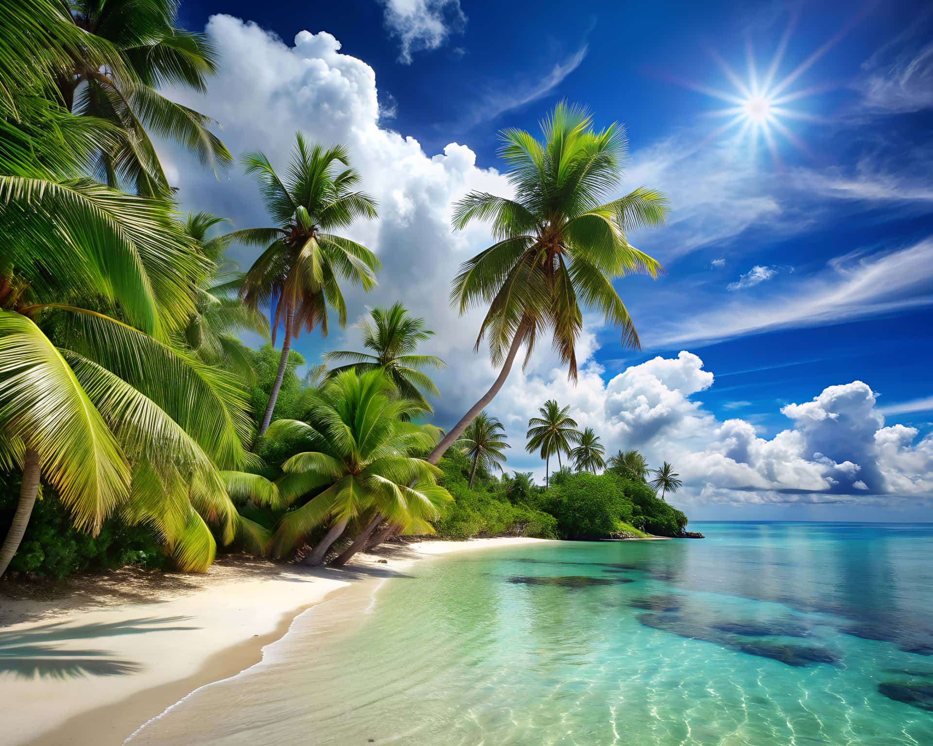 Summer beach landscape 壁紙 — 熱帶天堂，茂密的綠色棕櫚樹在白色沙灘上搖曳，旁邊是碧綠的海洋，明亮的藍天下有蓬鬆的雲朵。