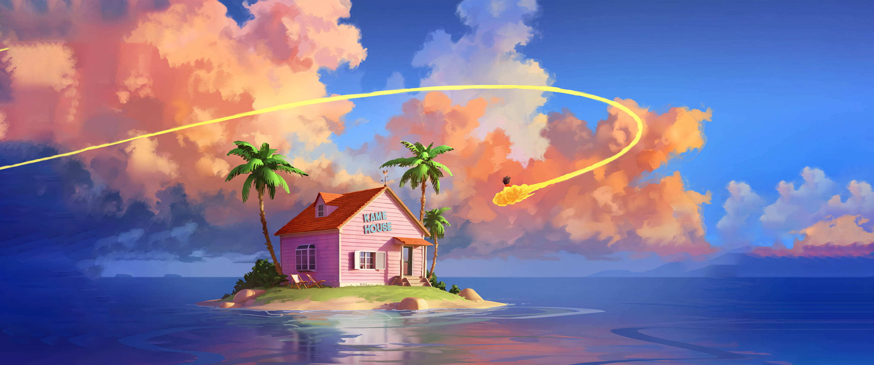Fantasy Art 桌布 壁紙 — 熱帶島嶼上的一座粉紅色房子，上方是充滿活力的日落天空，一顆彗星劃過天際。