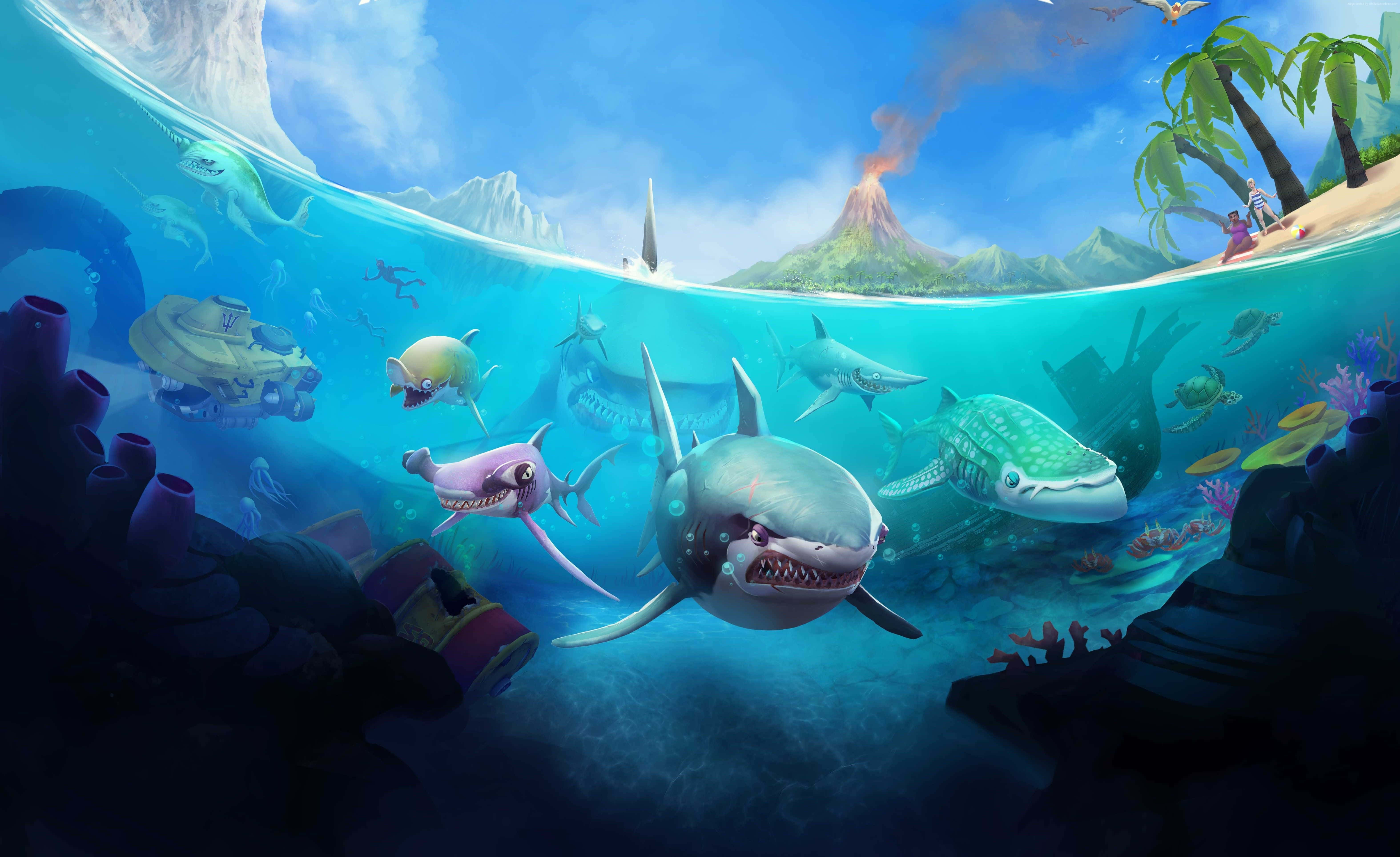 鯊魚 桌布 壁紙 — 熱帶島嶼下的生動海底場景，鯊魚和魚類在珊瑚礁和沉船殘骸附近游動。