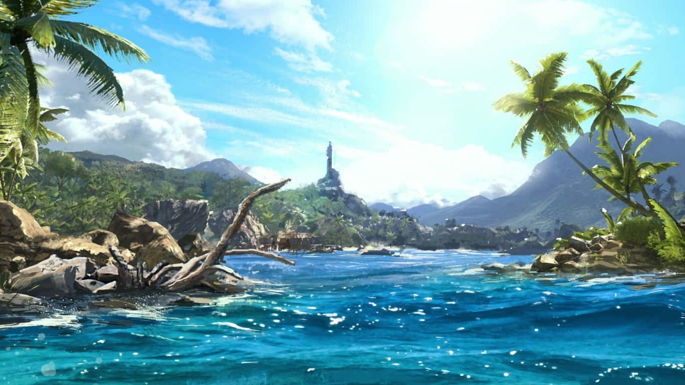 1366x768 Far Cry 3 桌布 壁紙 — 熱帶島嶼天堂，擁有碧綠海水、棕櫚樹，以及從茂密山巒中聳立的神秘塔樓，在明亮的藍天下。