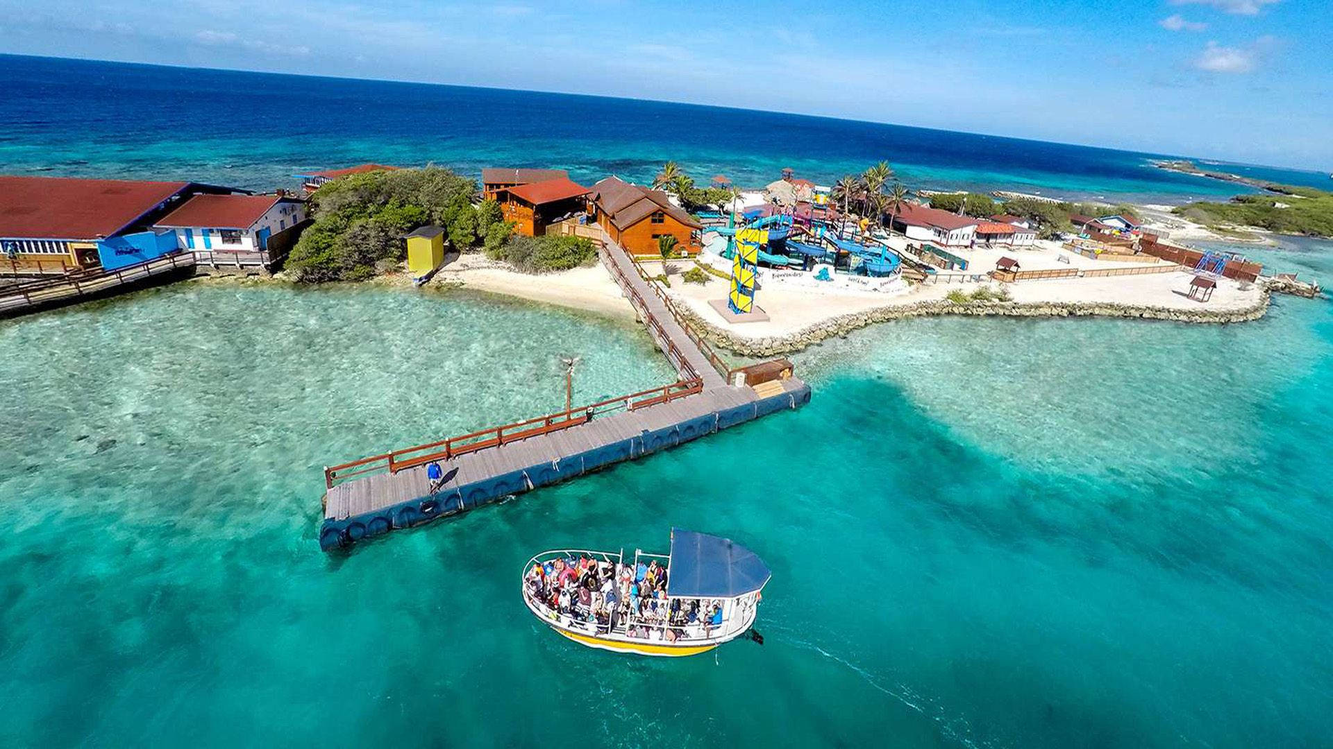 Aruba 桌布 壁紙 — 熱帶島嶼度假村的鳥瞰圖，碧綠海水，一艘載滿遊客的船隻正靠近木製碼頭。