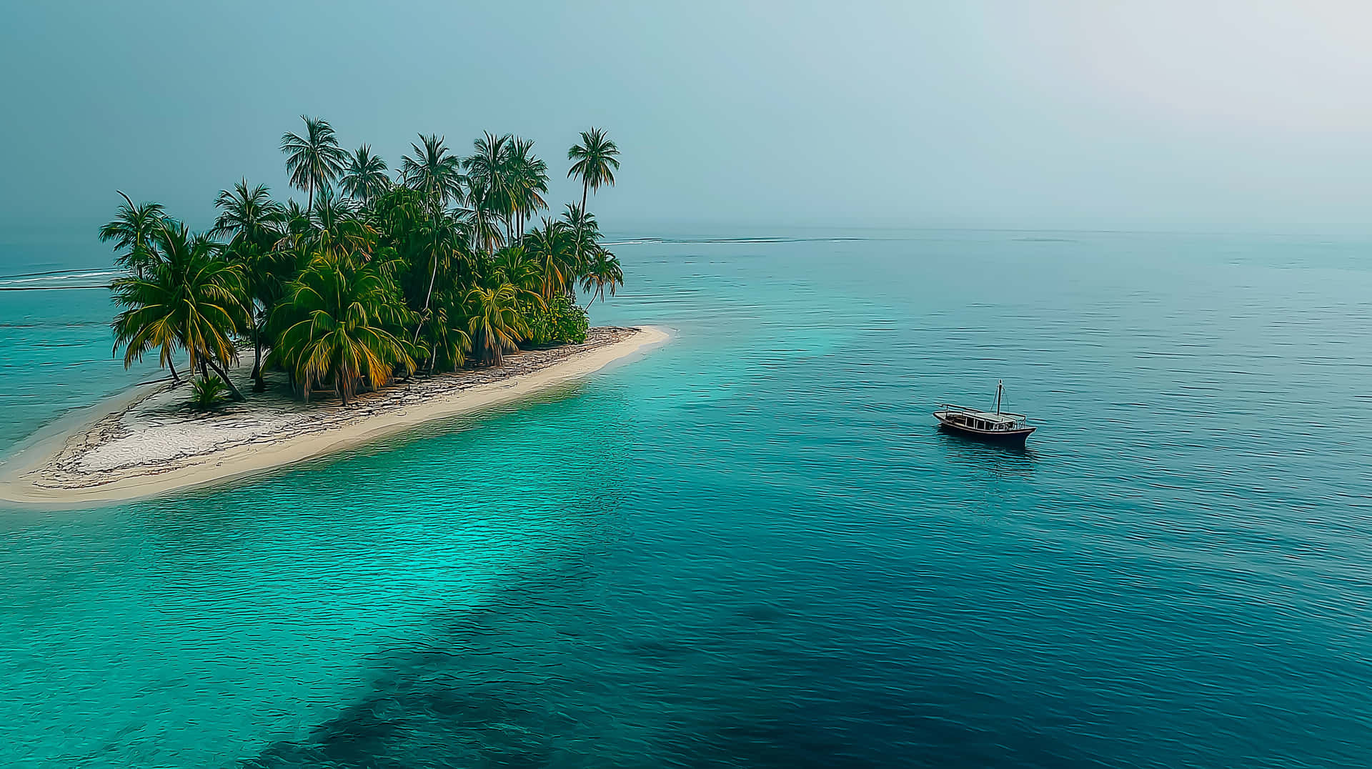 Overhead View of Secluded Tropical Island 壁紙 — 熱帶島嶼的鳥瞰圖，有棕櫚樹和白色沙灘，被碧綠的海洋環繞，附近有一艘小船漂流。