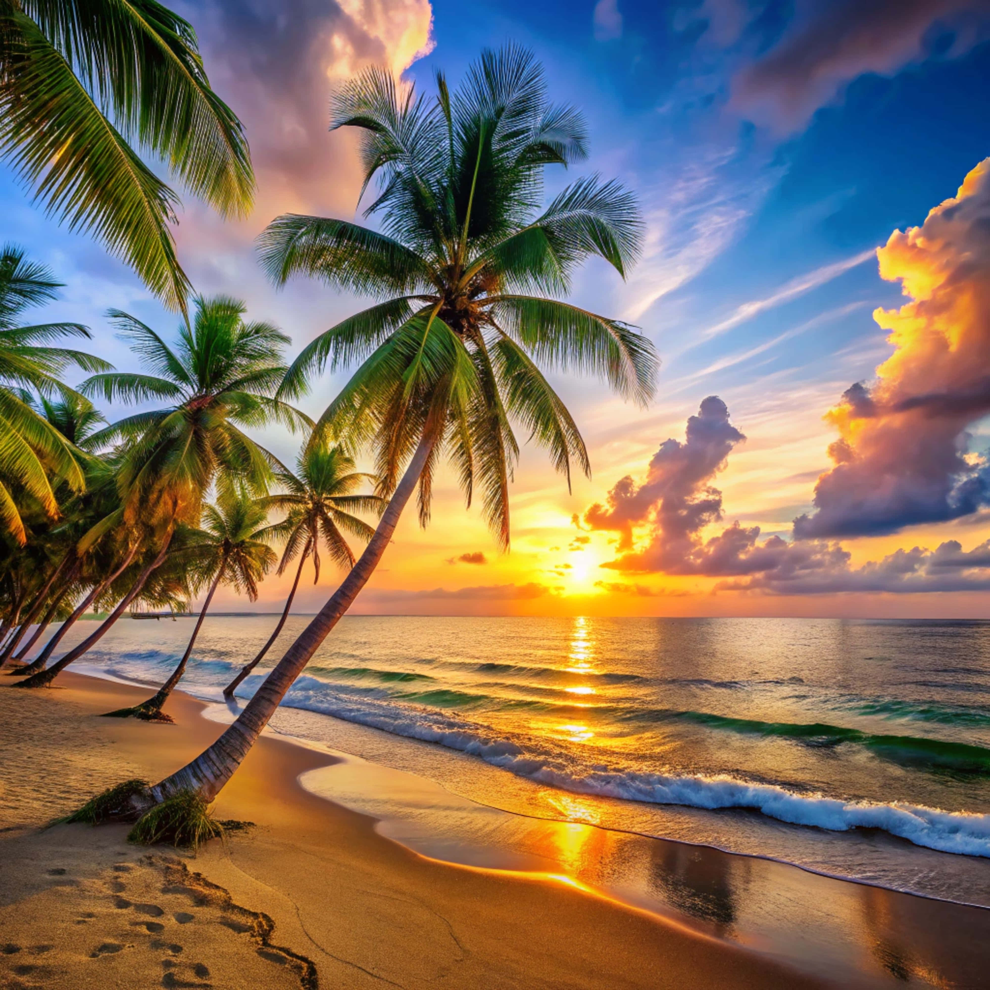 paradise 桌布 壁紙 — 熱帶日落，棕櫚樹斜倚在金色沙灘上，海浪在充滿活力的天空下拍打。
