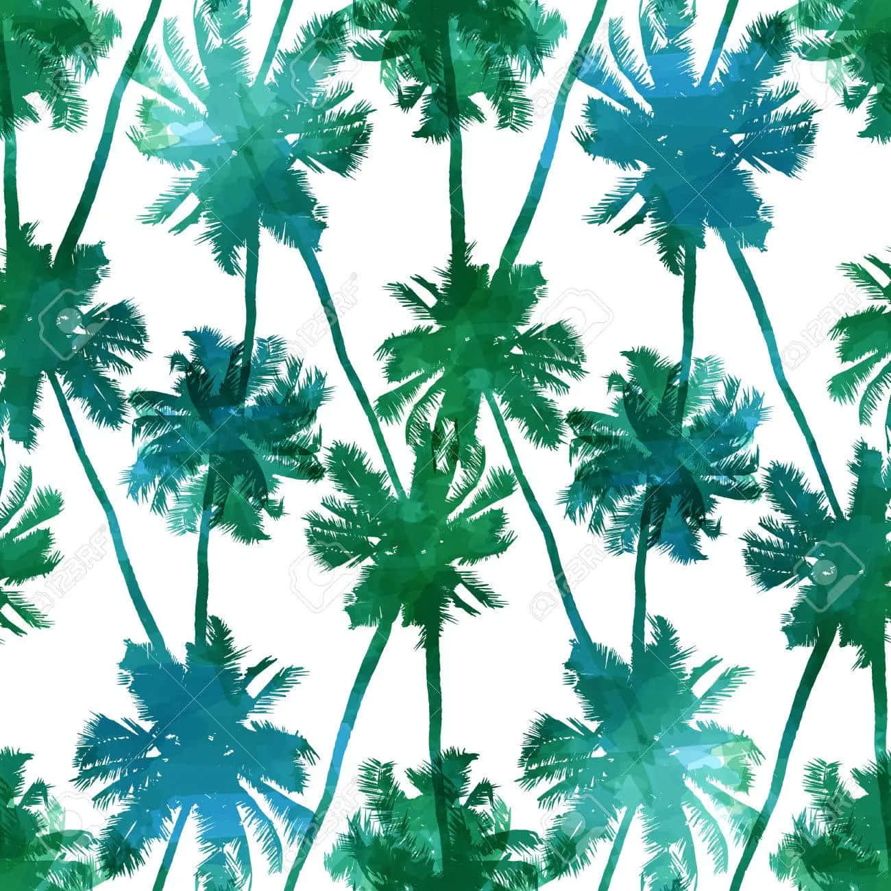 Cute Palm Tree 桌布 壁紙 — 熱帶棕櫚樹以充滿活力的綠色和藍綠色水彩洗滌，在明亮的白色背景上創造出無縫圖案。