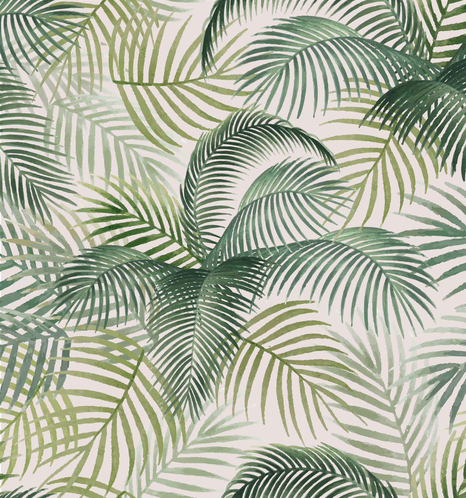 Tropical Leaves 桌布 壁紙 — 熱帶棕櫚葉以不同深淺的綠色重疊在柔和的奶油色背景上，呈現水彩風格。