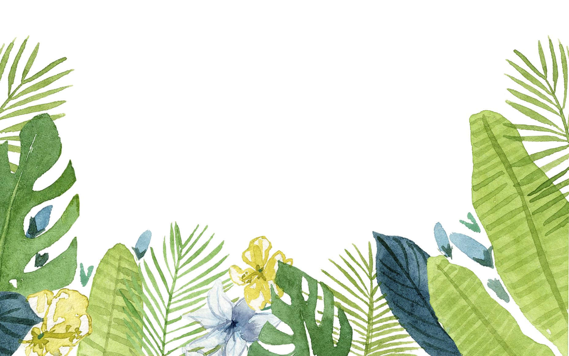 Pinterest 桌布 壁紙 — 熱帶植物葉片（包括龜背竹和棕櫚葉）以水彩風格環繞一個白色空間，點綴黃色和藍色花朵。