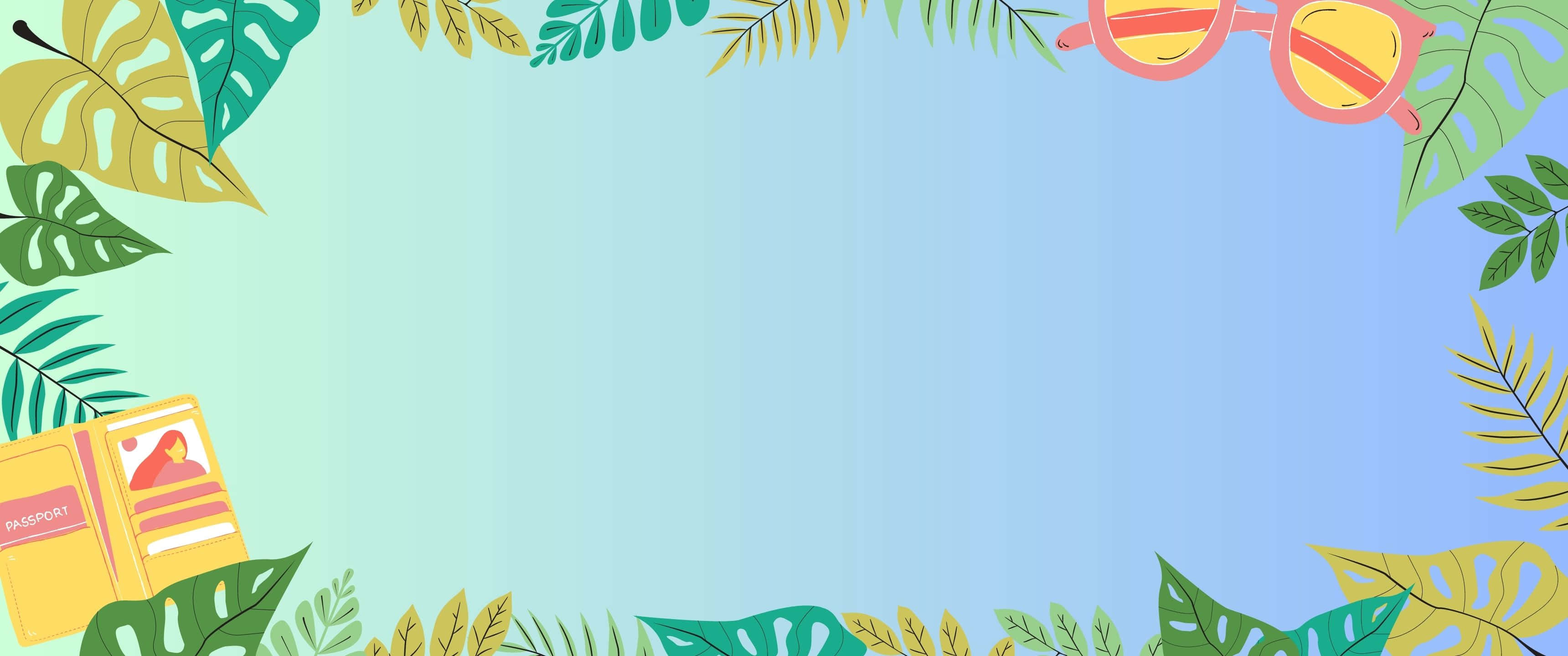 3440x1440 桌布 壁紙 — 熱帶樹葉和太陽眼鏡框住漸變天空，護照暗示夏日旅行。