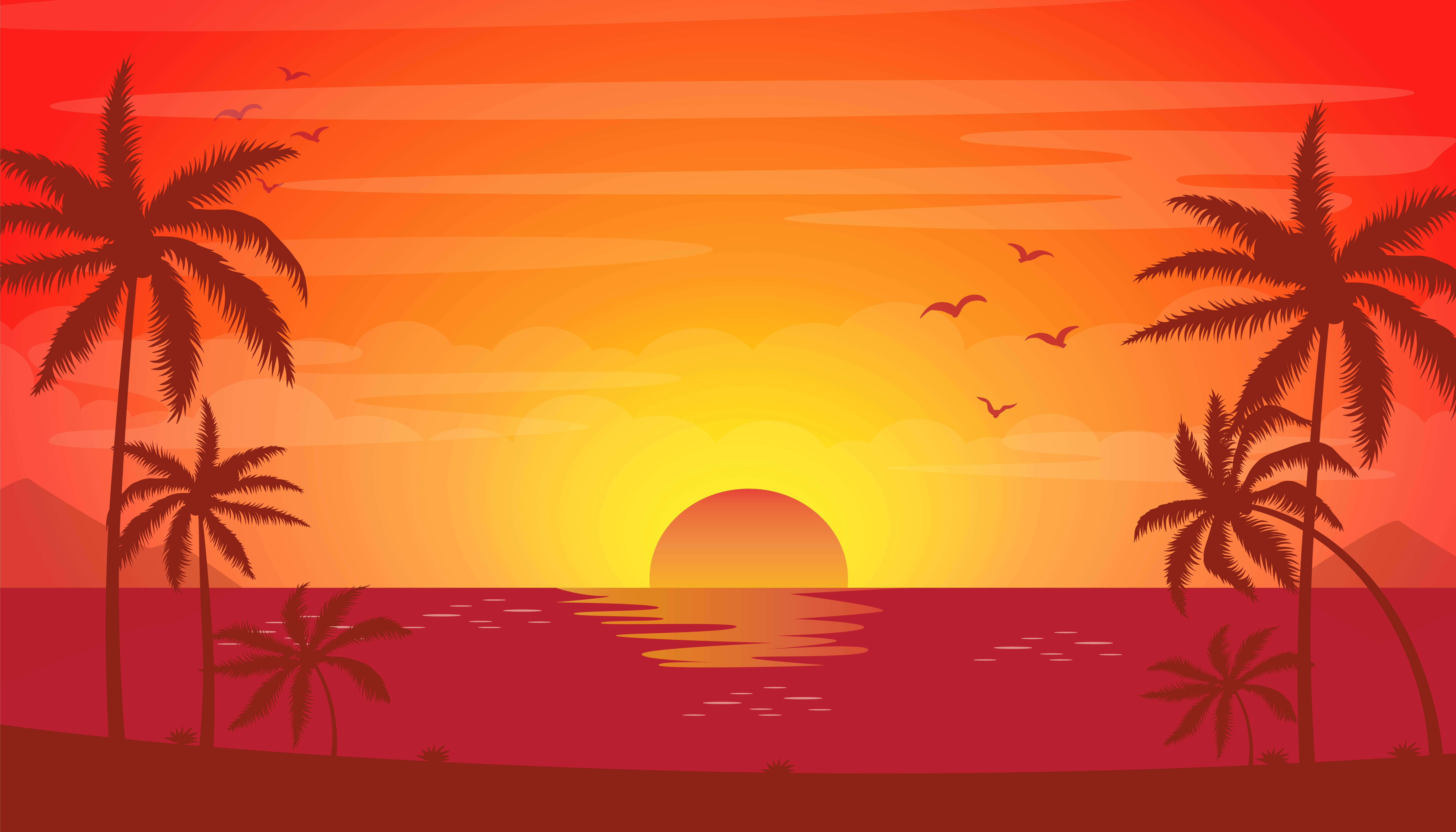 Sunshine 桌布 壁紙 — 熱帶海洋上充滿活力的日落，棕櫚樹在火紅的橙色和紅色天空下形成剪影。