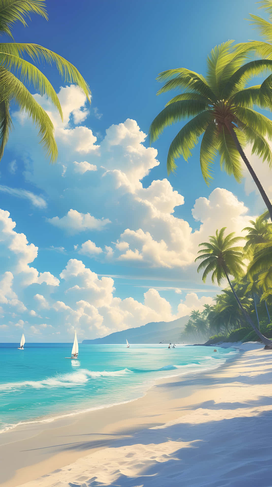 Beautiful summer day in sea beach and palm trees 壁紙 — 熱帶海灘，有白沙、碧綠海水、棕櫚樹和帆船，在明亮的藍天下有蓬鬆的雲朵。