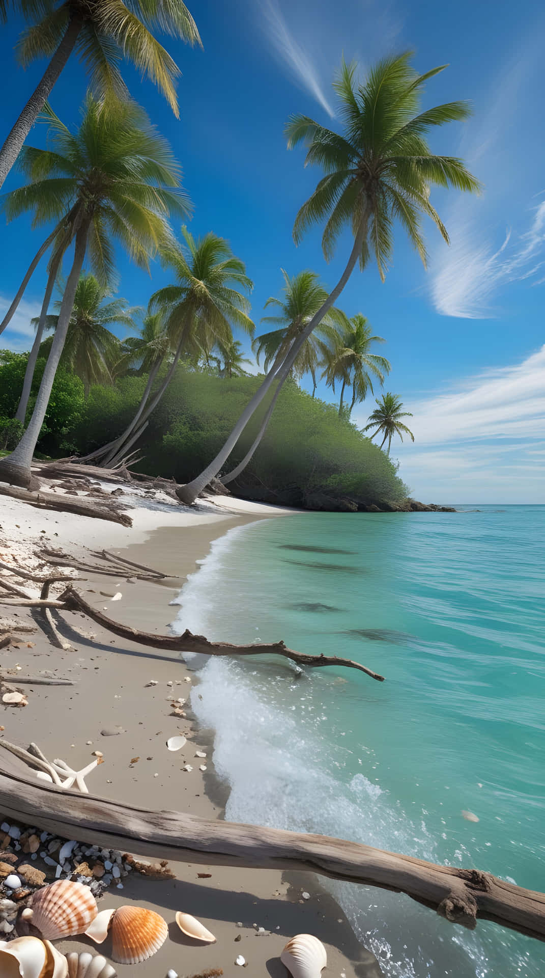 Palm trees and beautiful sea beach 壁紙 — 熱帶海灘，碧藍海浪輕拍白色沙灘，清澈藍天下有傾斜的棕櫚樹環繞。