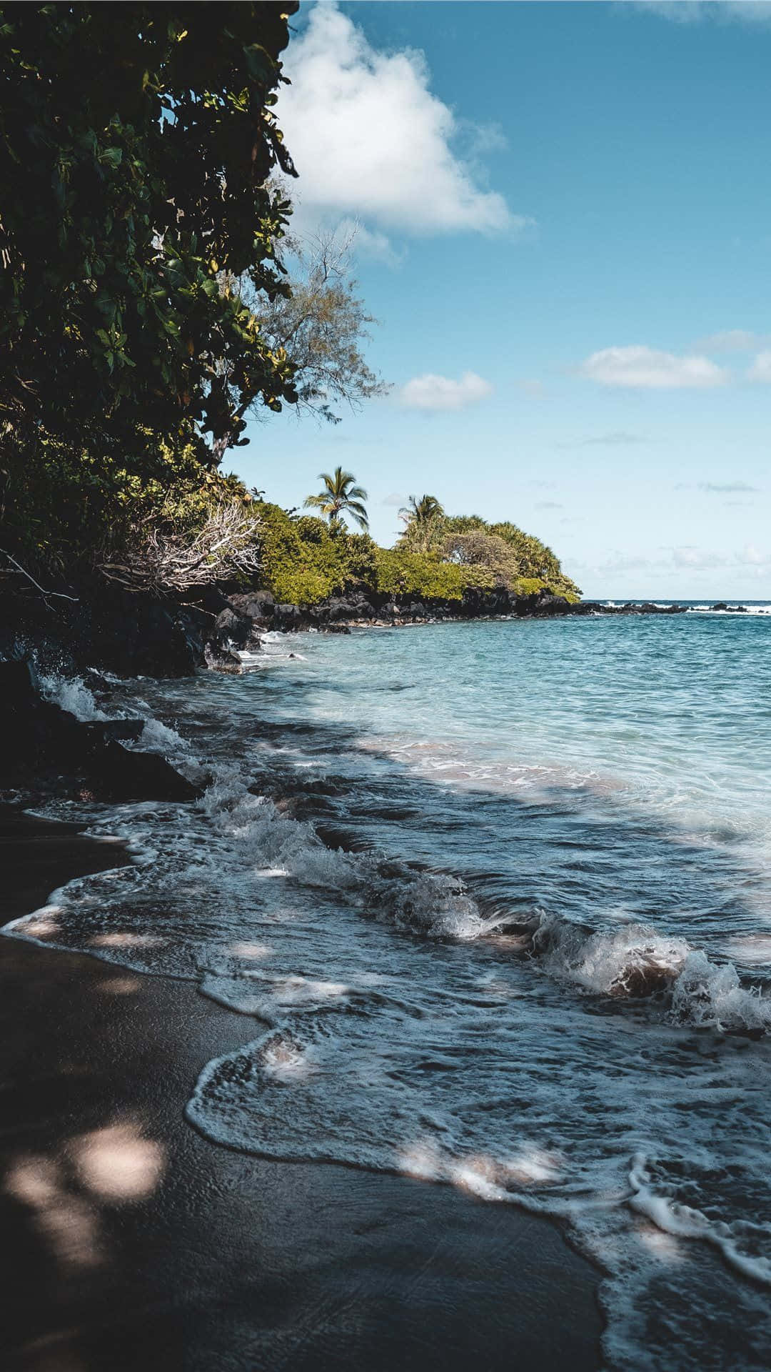 Hawaiian 桌布 壁紙 — 熱帶海灘，黑色沙浪在明亮的藍天和蓬鬆的白雲下翻湧。