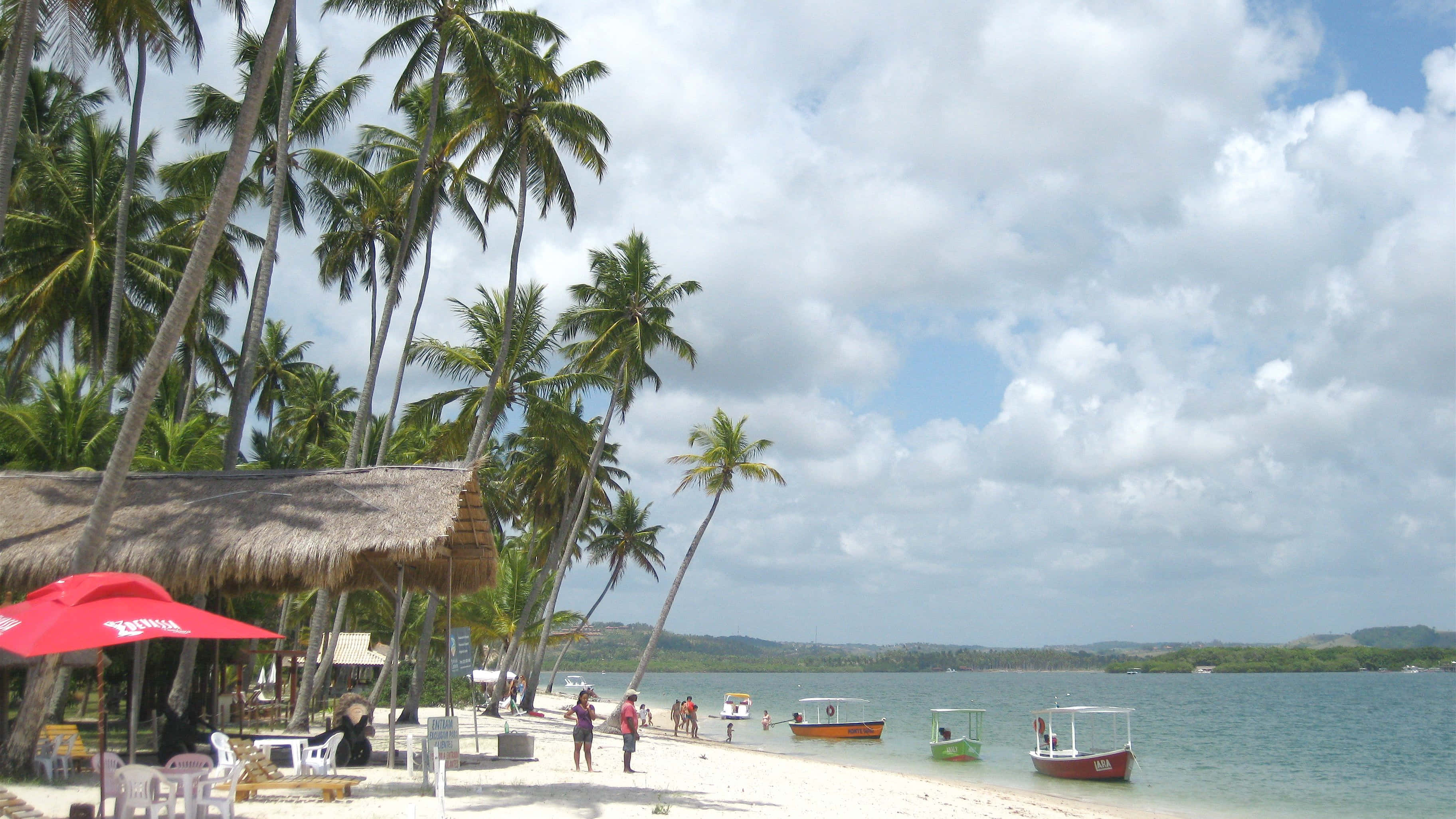 Brazilian Beach 桌布 壁紙 — 熱帶海灘場景，有棕櫚樹、沙灘、船隻和茅草屋頂小屋，天空部分多雲。