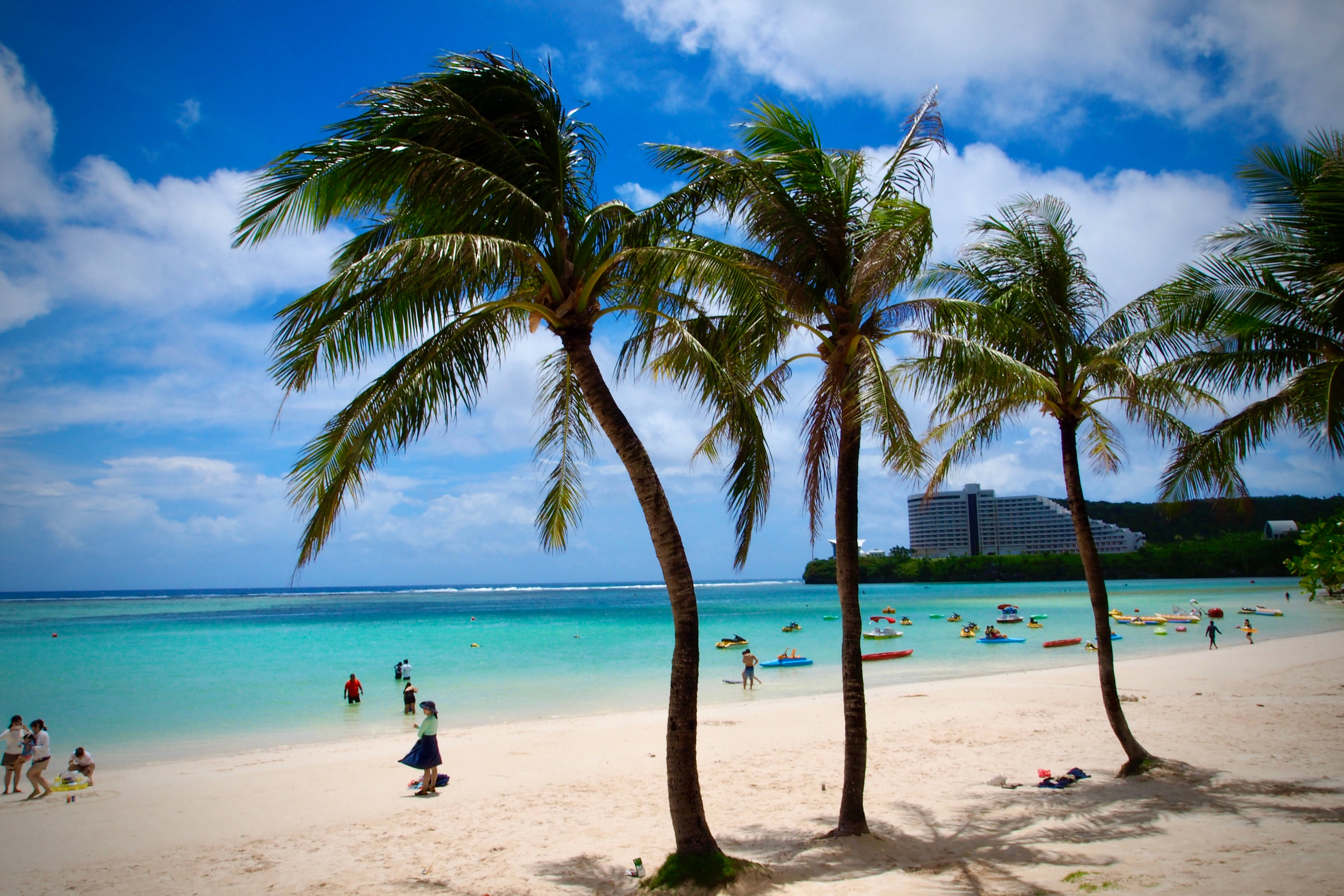 Guam 桌布 壁紙 — 熱帶海灘場景，棕櫚樹在碧綠的海水上搖曳，人們在度假村附近享受陽光燦爛的日子。