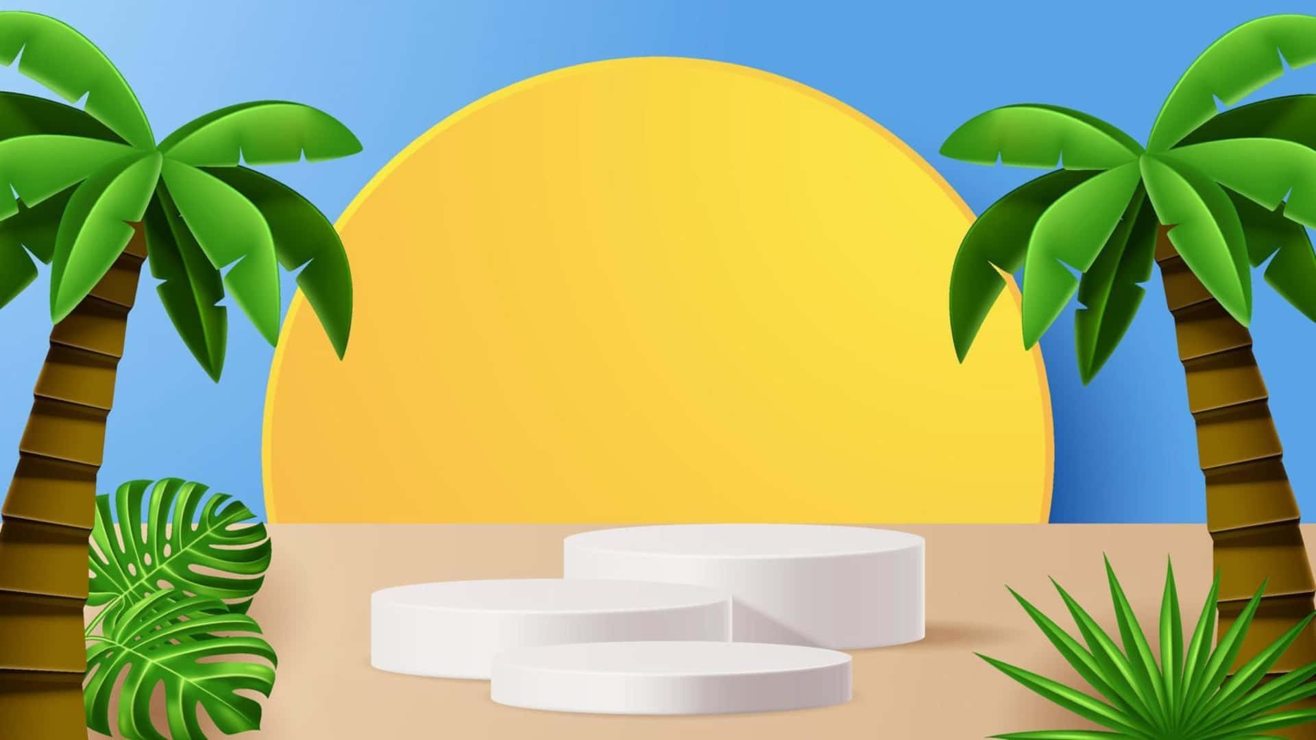 Summer Zoom 桌布 壁紙 — 熱帶海灘場景，白色展示台在巨型太陽下，兩旁有棕櫚樹和茂密綠植。