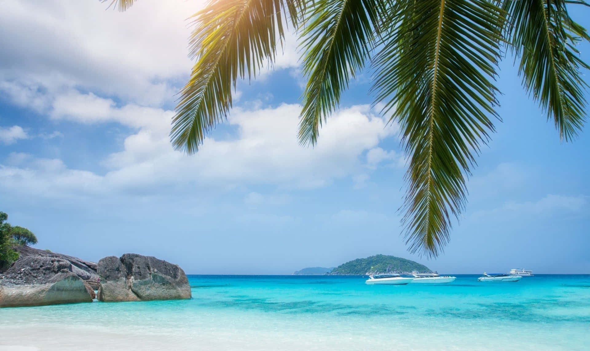 Palm Tree Beach 桌布 壁紙 — 熱帶海灘場景，碧綠海水，棕櫚葉框住遠島和船隻的景色，藍天白雲。