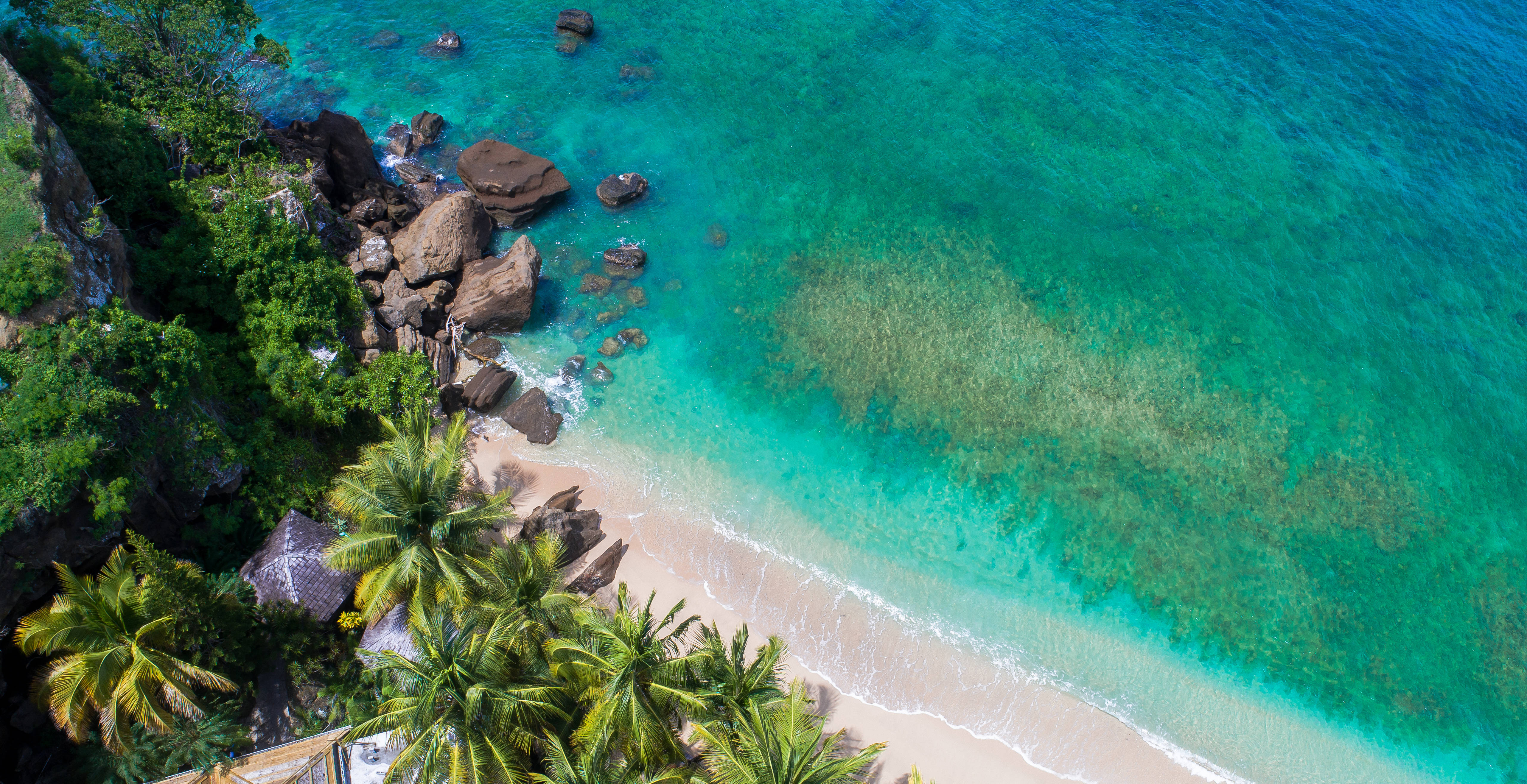 Grenada 桌布 壁紙 — 熱帶海灘的鳥瞰圖，碧綠的海水拍打著沙灘，沙灘兩旁種滿棕櫚樹和岩石懸崖。