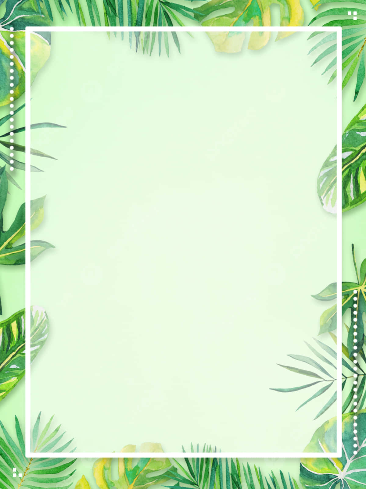 Green Leaves 桌布 壁紙 — 熱帶葉子以水彩風格框住淺綠色空間，帶有白色邊框和珍珠點綴。
