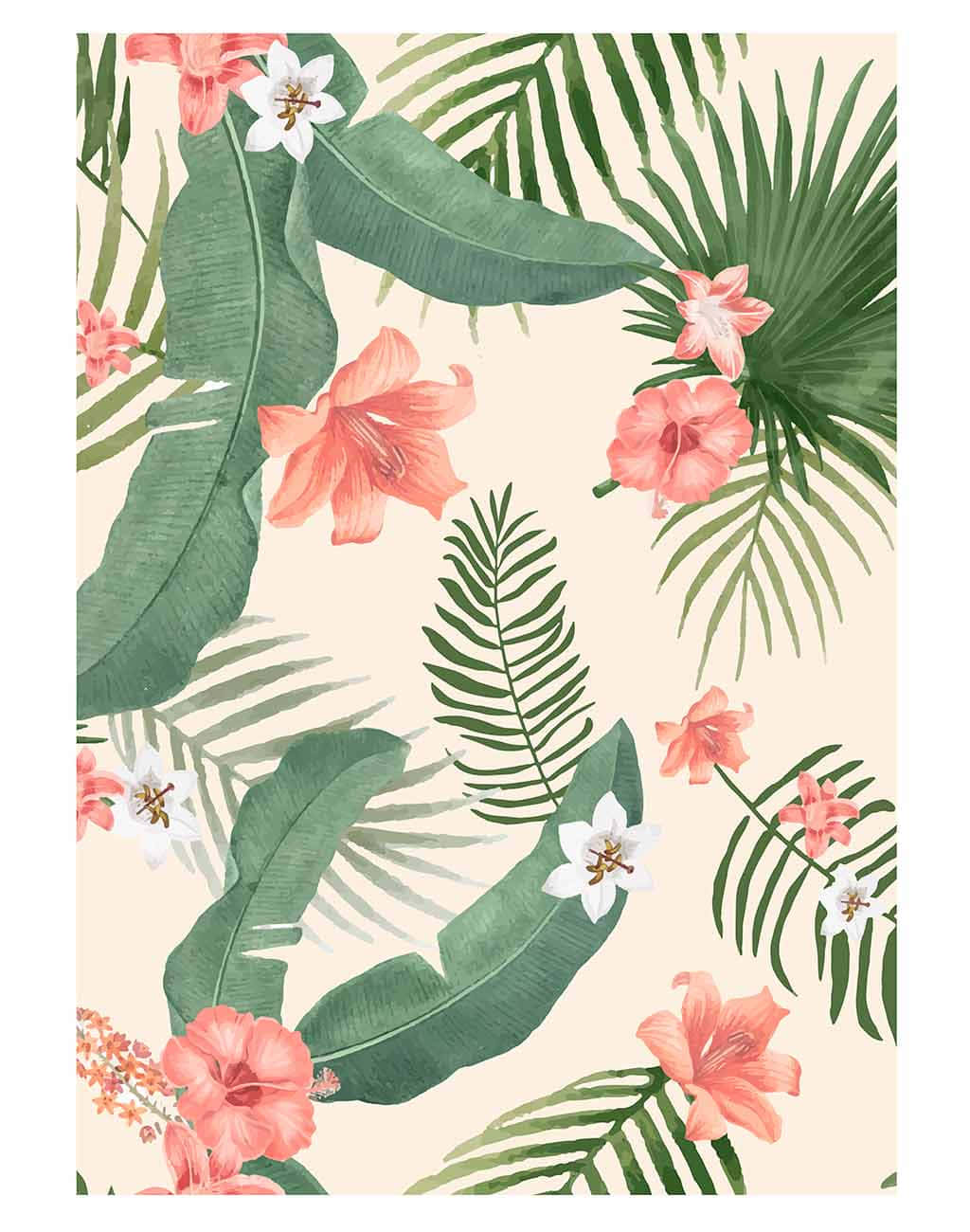 Palm Leaves 桌布 壁紙 — 熱帶葉子和珊瑚花在柔和的奶油色背景上以水彩風格鮮豔綻放。