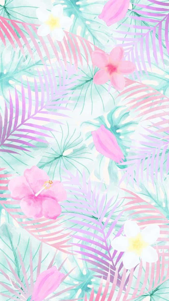 Trendy Summer iPhone 桌布 壁紙 — 熱帶葉子和花朵以柔和粉紅和薄荷綠的水彩渲染，營造出夢幻輕盈的植物圖案。