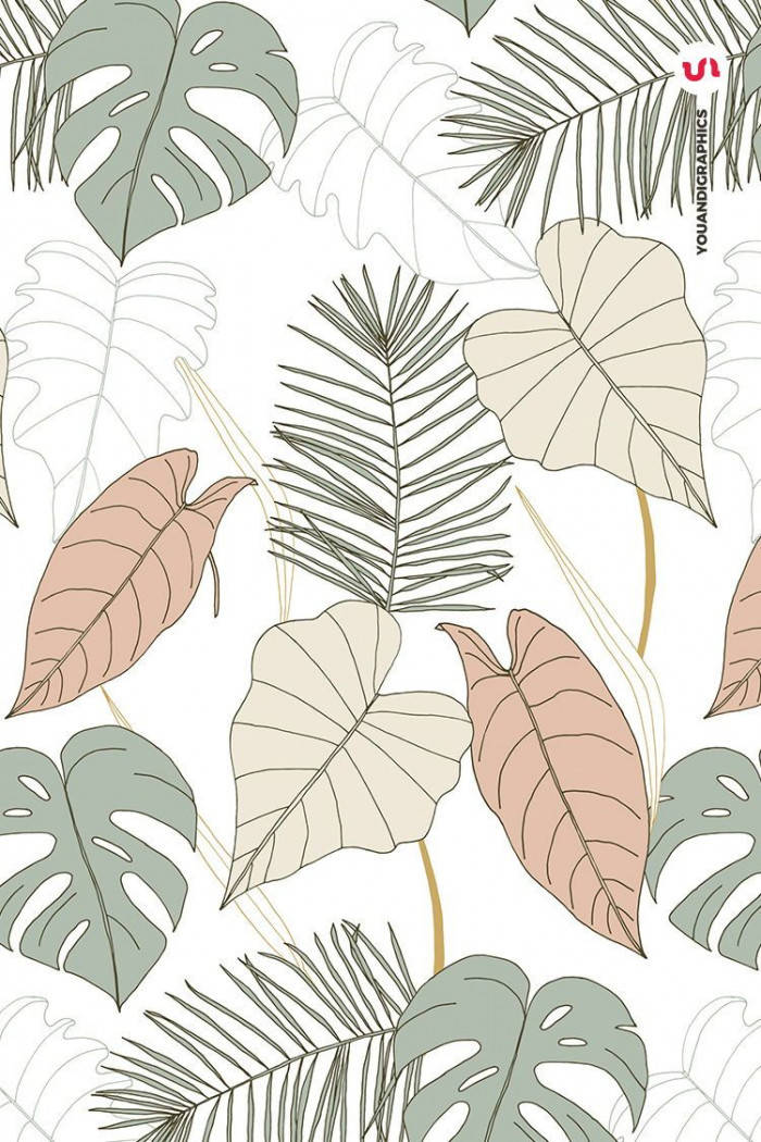 Plant Aesthetic 桌布 壁紙 — 熱帶葉子在柔和綠色和淡粉紅色調中漂浮在潔白背景上，形成風格化的植物圖案。